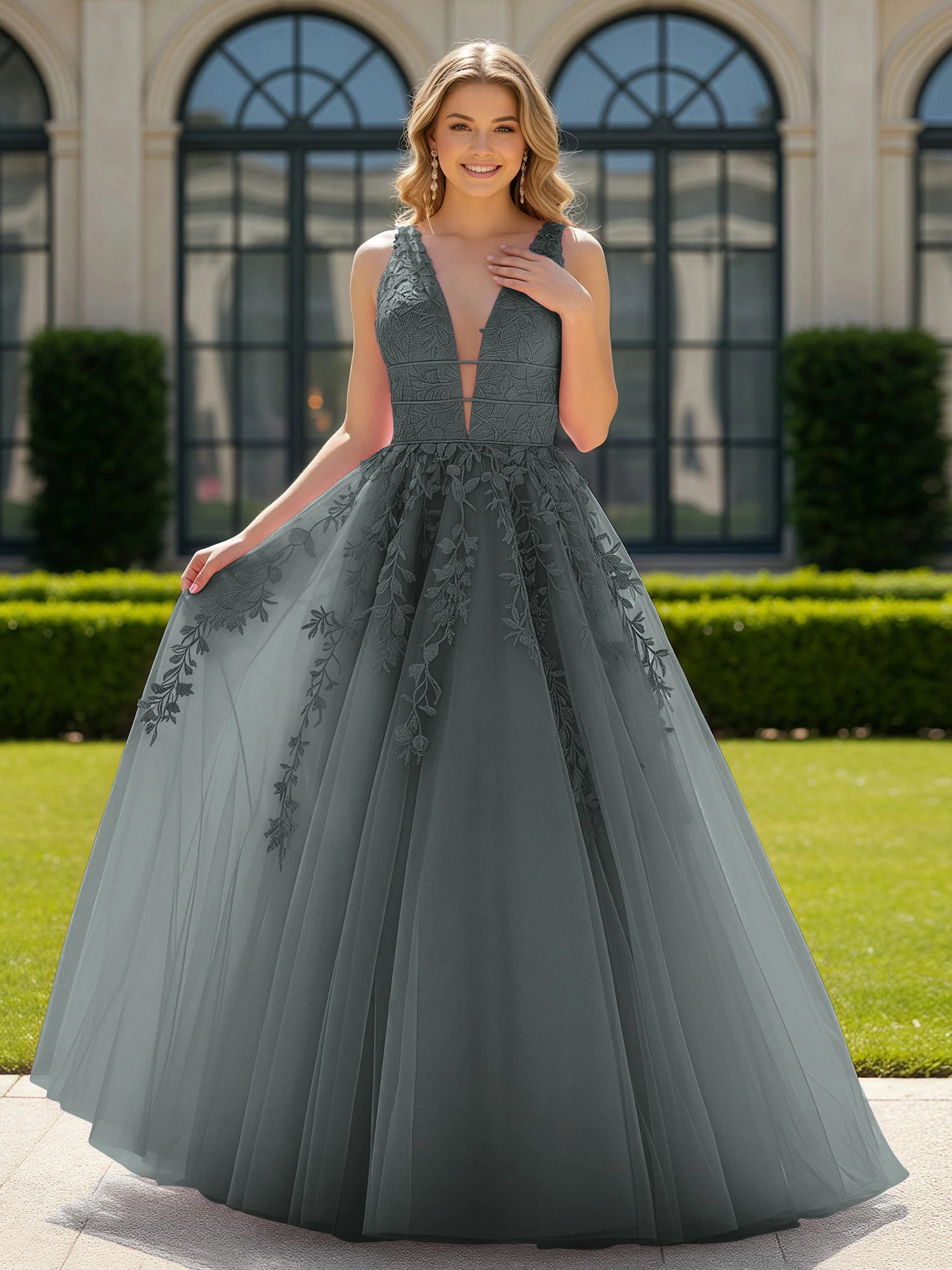 Appliqued Tulle Open Back Plunging V-Neck Prom Dress Steel Grey
