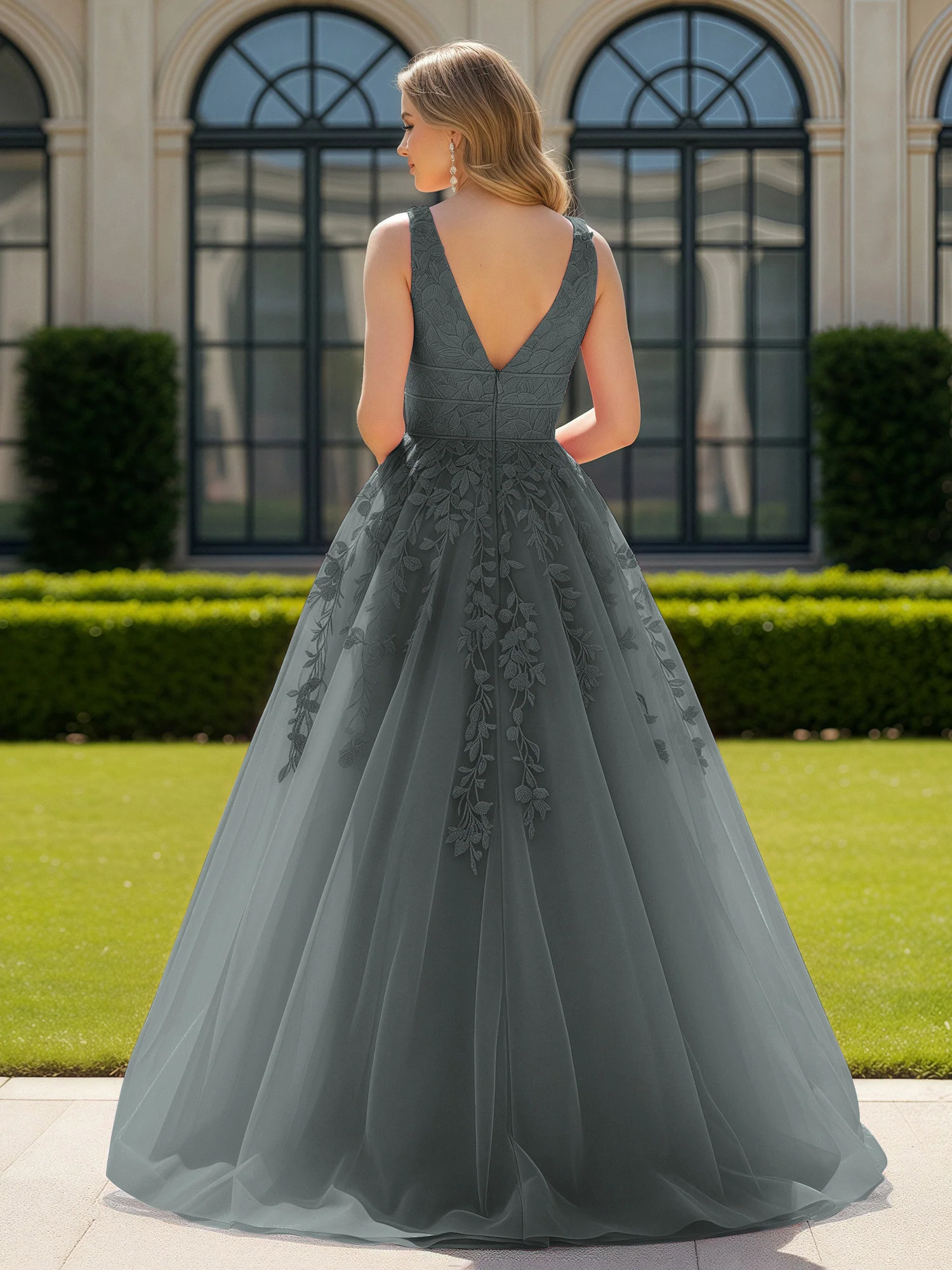 Appliqued Tulle Open Back Plunging V-Neck Prom Dress Steel Grey - Image 2