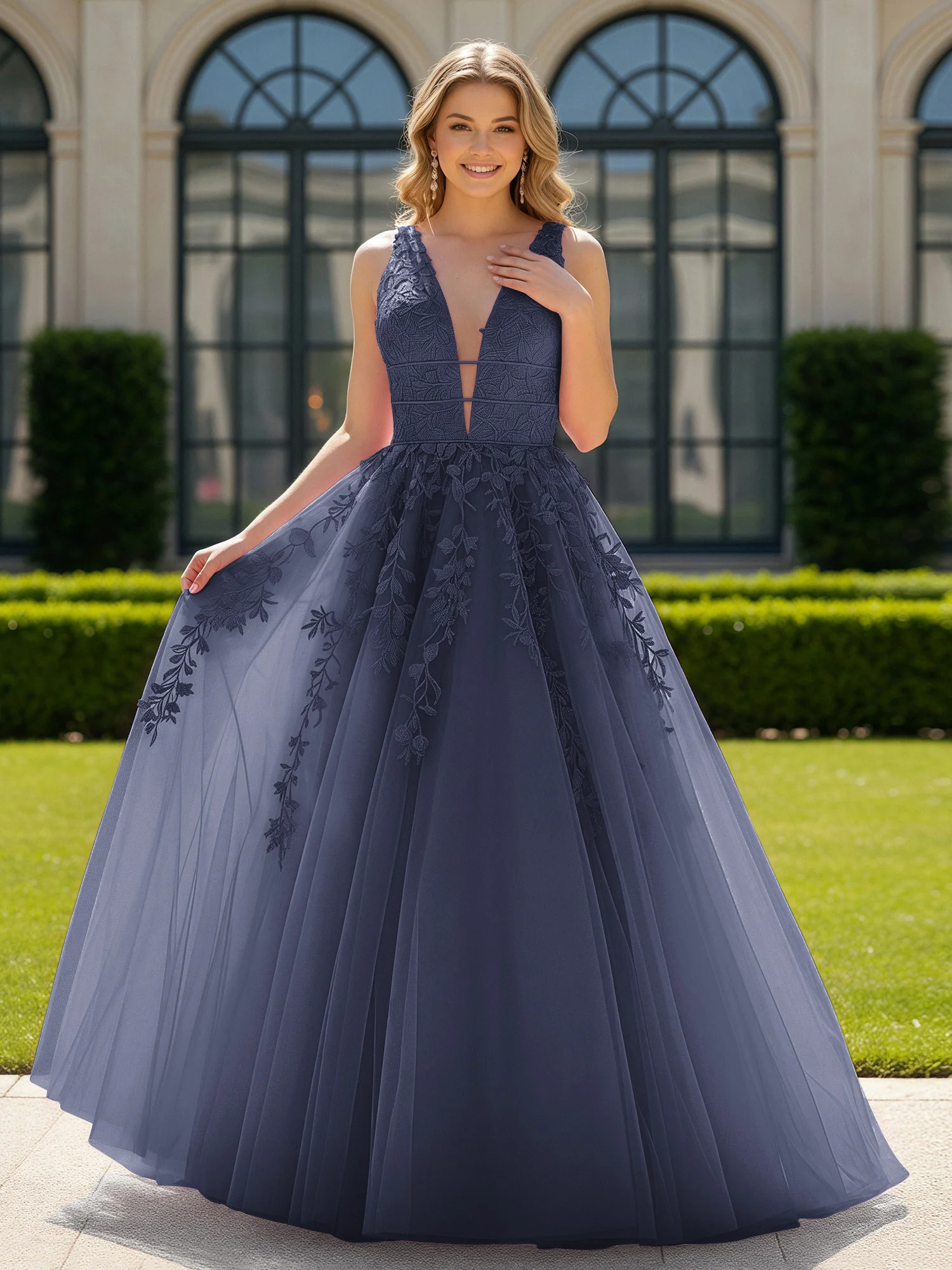 Appliqued Tulle Open Back Plunging V-Neck Prom Dress Stormy