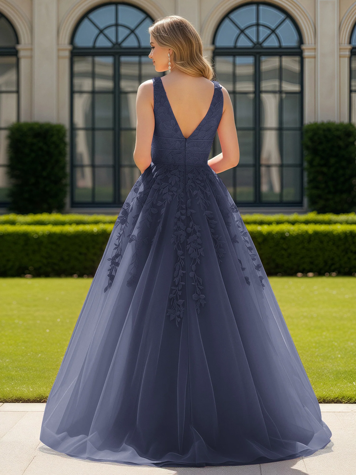 Appliqued Tulle Open Back Plunging V-Neck Prom Dress Stormy - Image 2