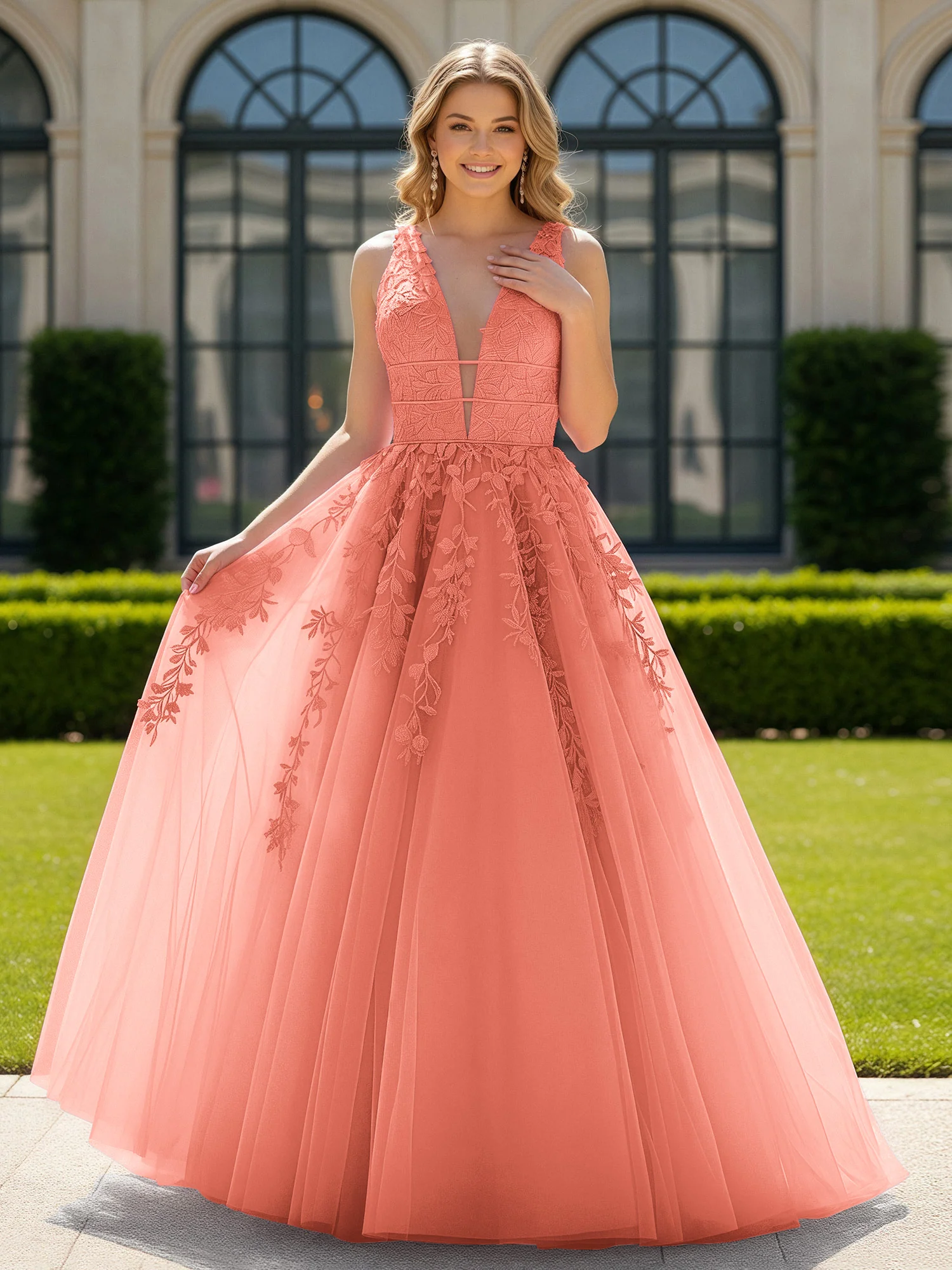 Appliqued Tulle Open Back Plunging V-Neck Prom Dress Sunset