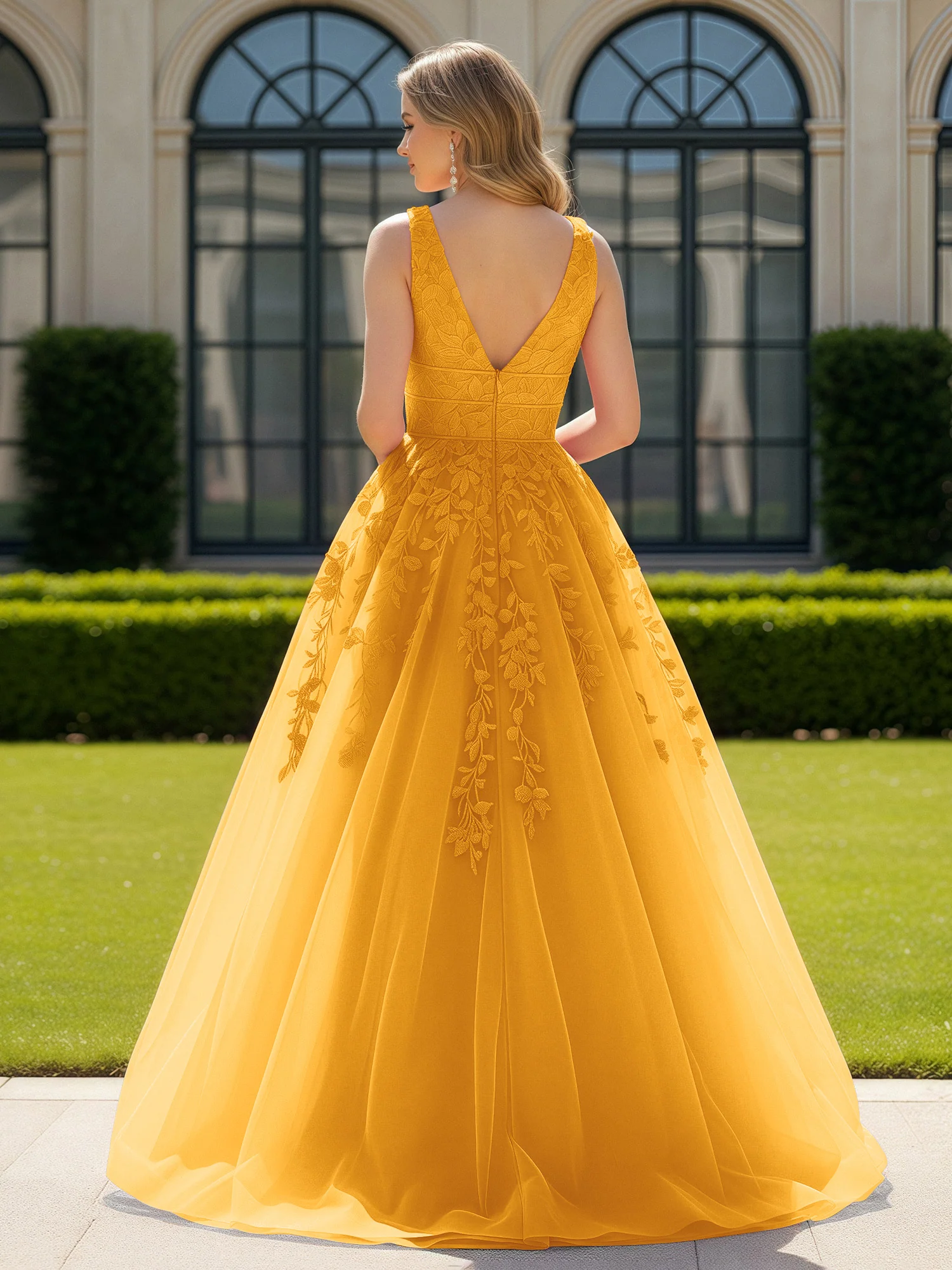 Appliqued Tulle Open Back Plunging V-Neck Prom Dress Tangerine - Image 2