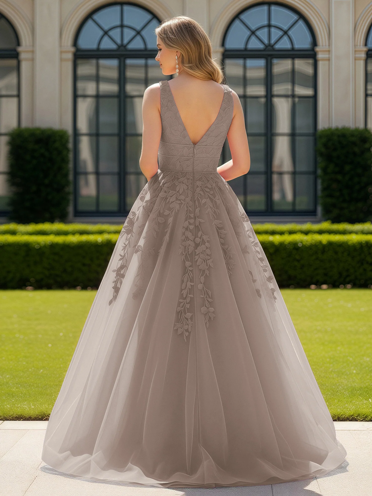 Appliqued Tulle Open Back Plunging V-Neck Prom Dress Taupe - Image 2