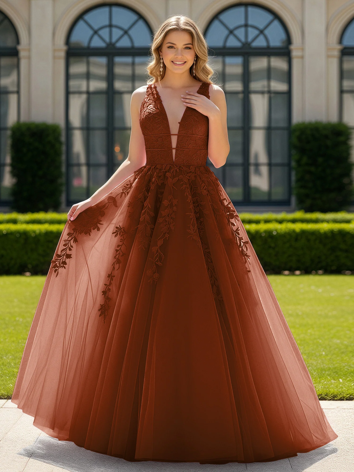 Appliqued Tulle Open Back Plunging V-Neck Prom Dress Terracotta