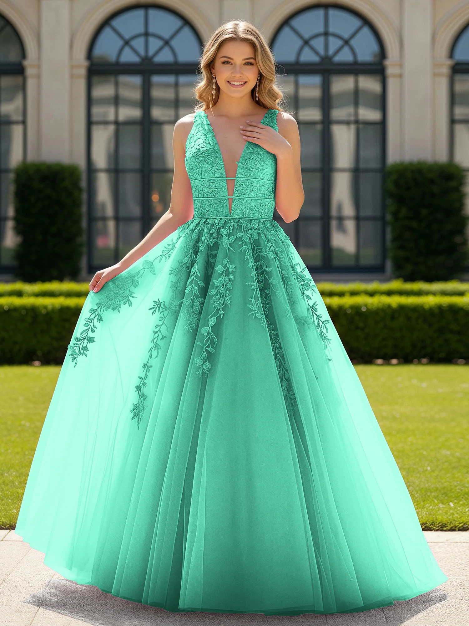 Appliqued Tulle Open Back Plunging V-Neck Prom Dress Turquoise