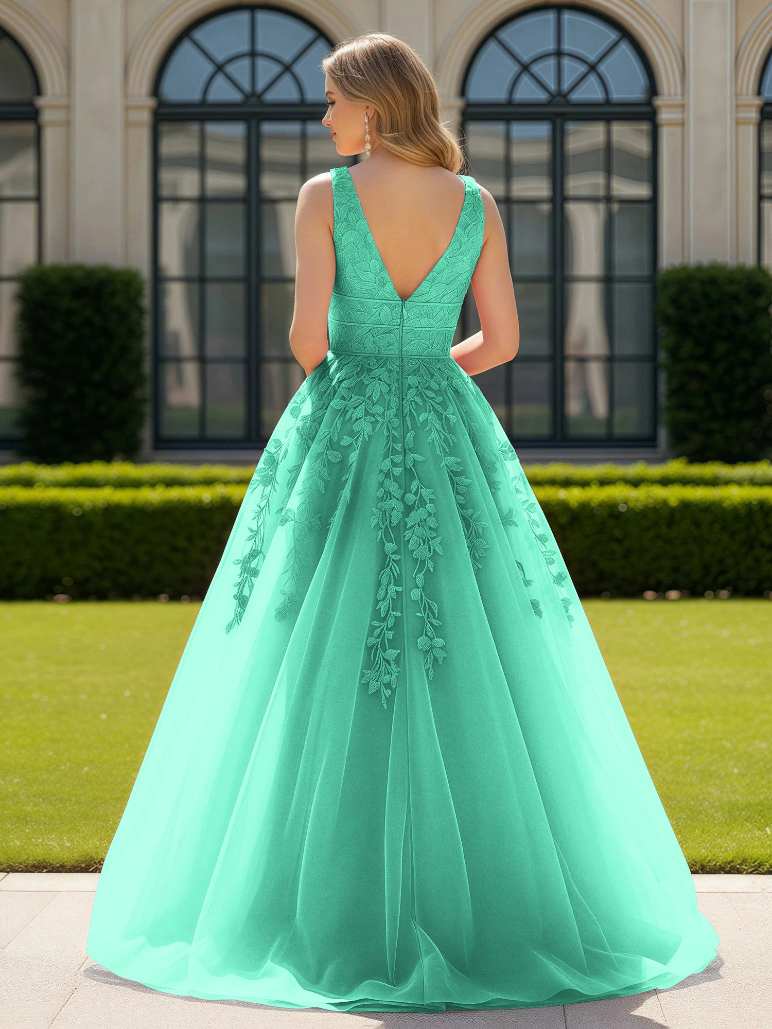 Appliqued Tulle Open Back Plunging V-Neck Prom Dress Turquoise - Image 2