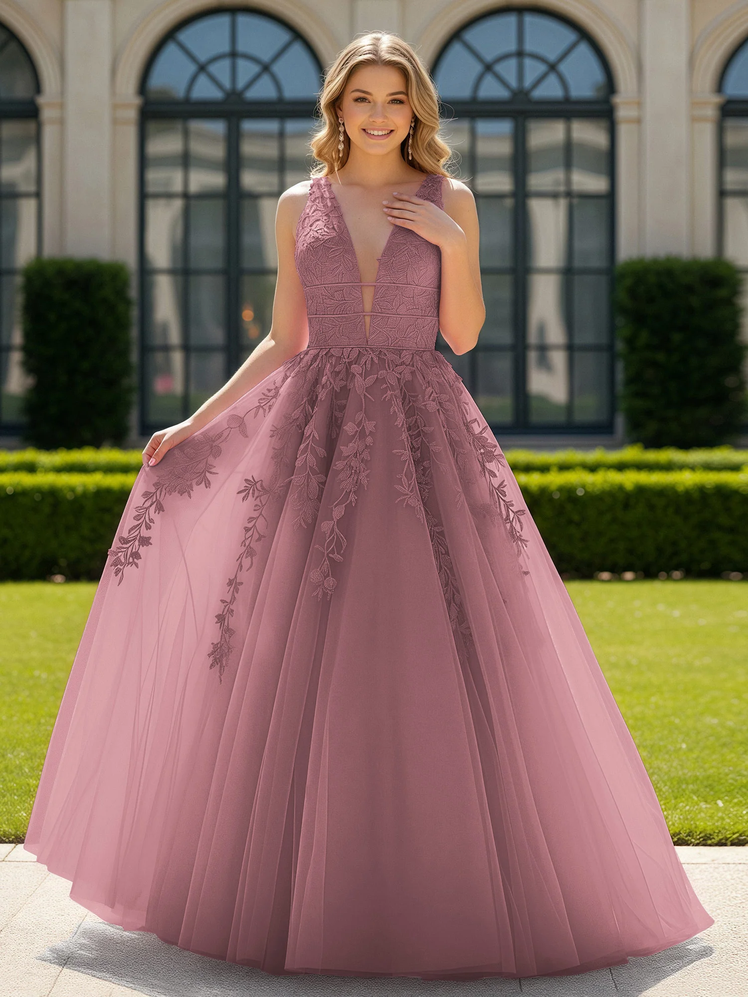 Appliqued Tulle Open Back Plunging V-Neck Prom Dress Vintage Mauve
