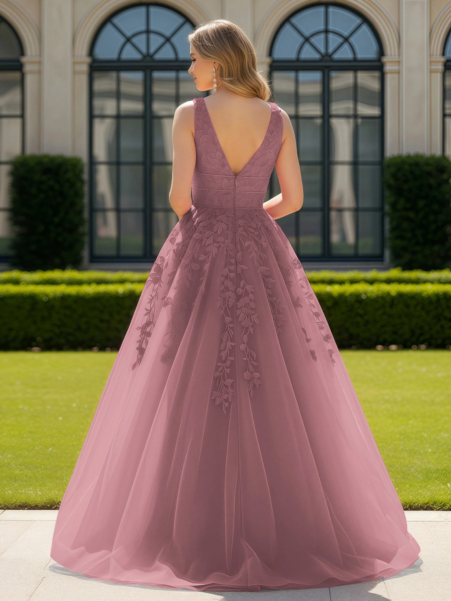 Appliqued Tulle Open Back Plunging V-Neck Prom Dress Vintage Mauve - Image 2