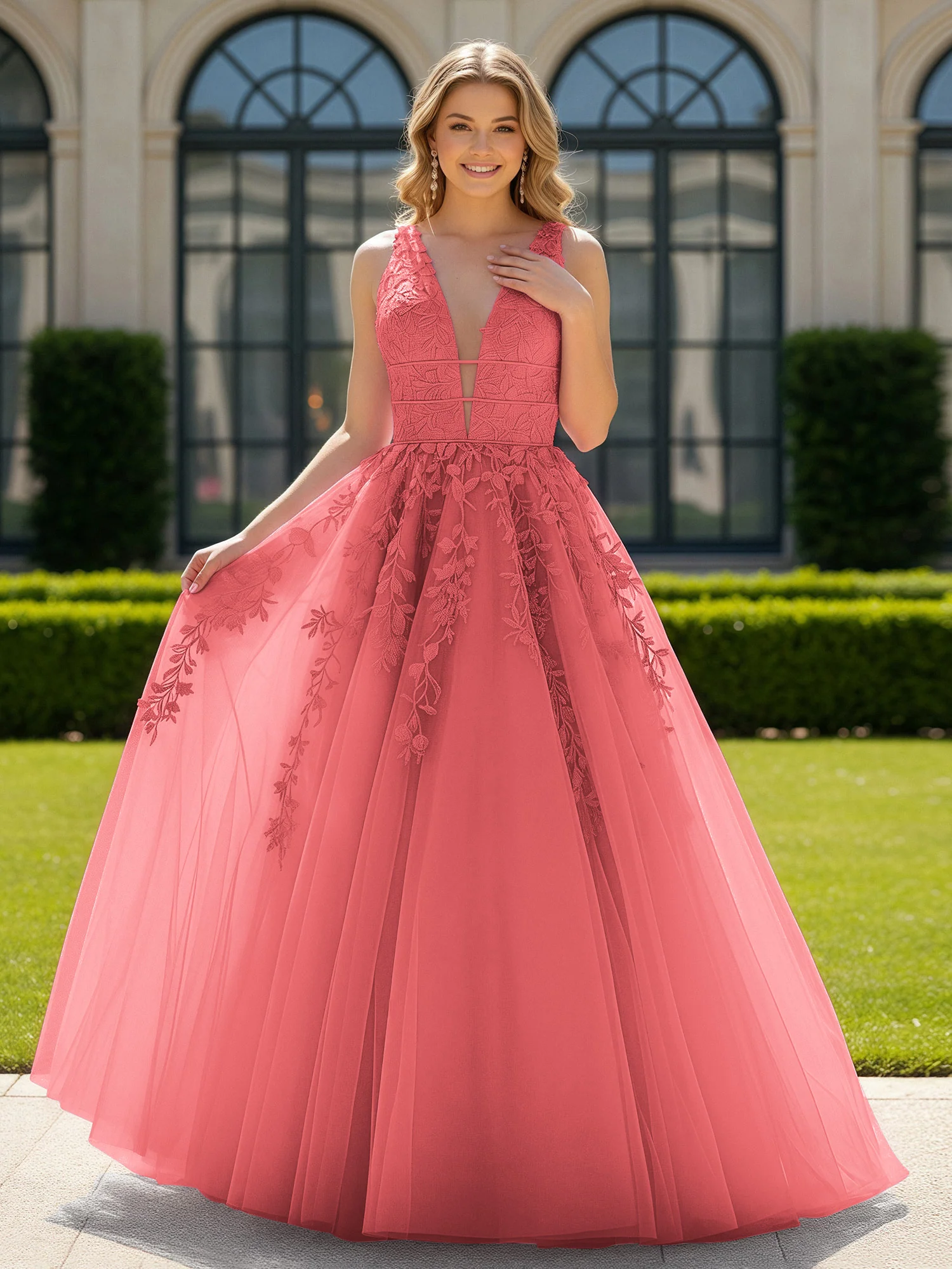 Appliqued Tulle Open Back Plunging V-Neck Prom Dress Watermelon