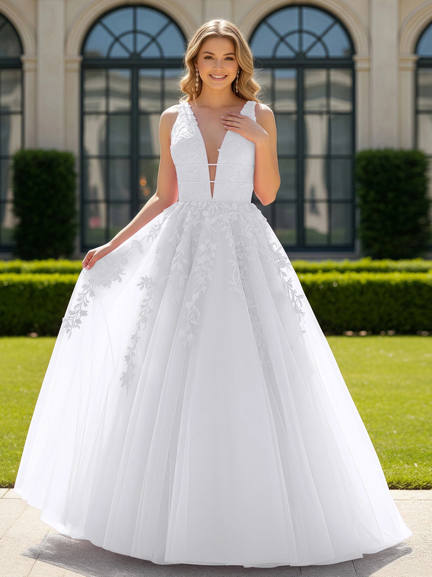 Appliqued Tulle Open Back Plunging V-Neck Prom Dress White