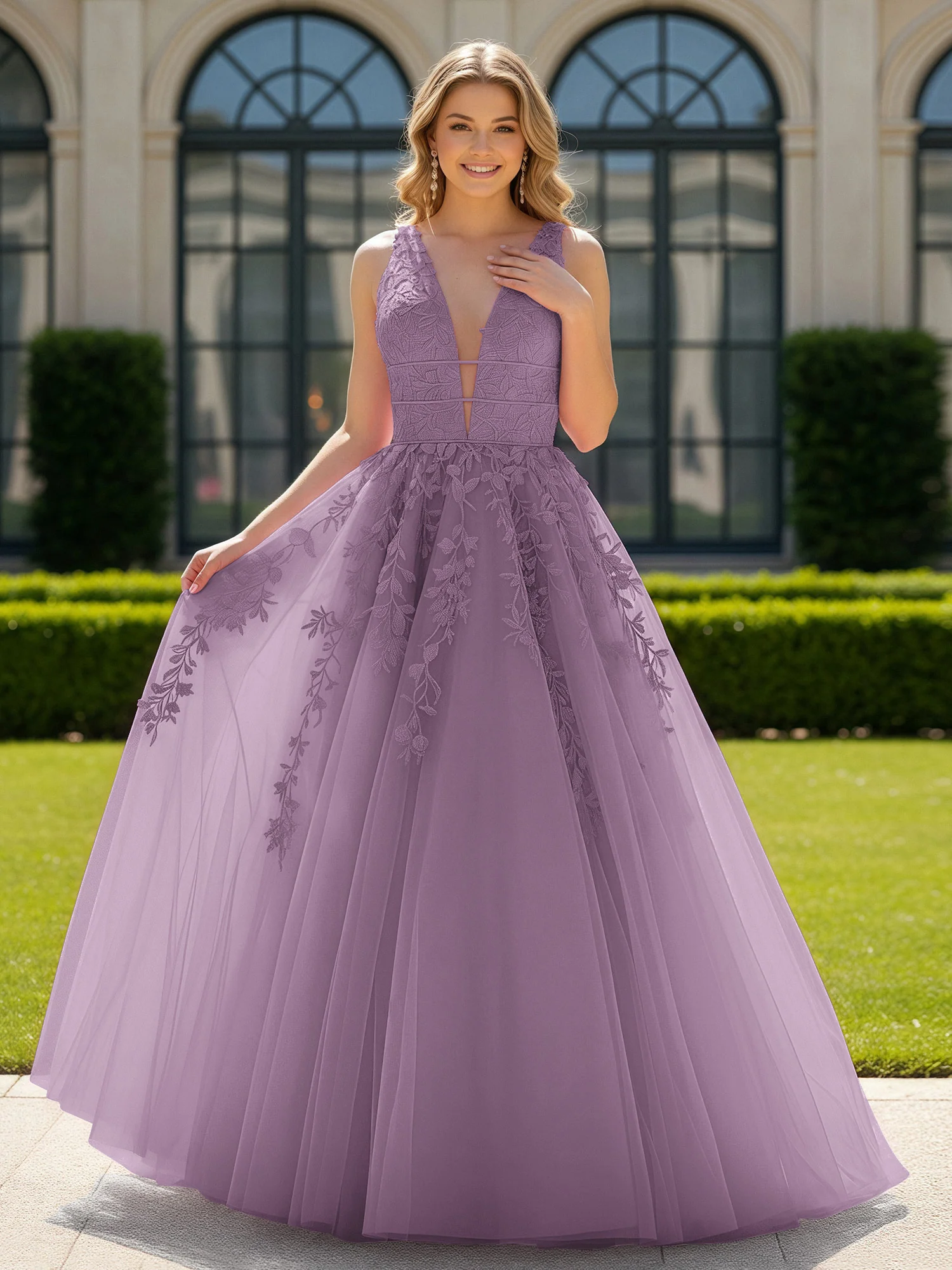 Appliqued Tulle Open Back Plunging V-Neck Prom Dress Wisteria
