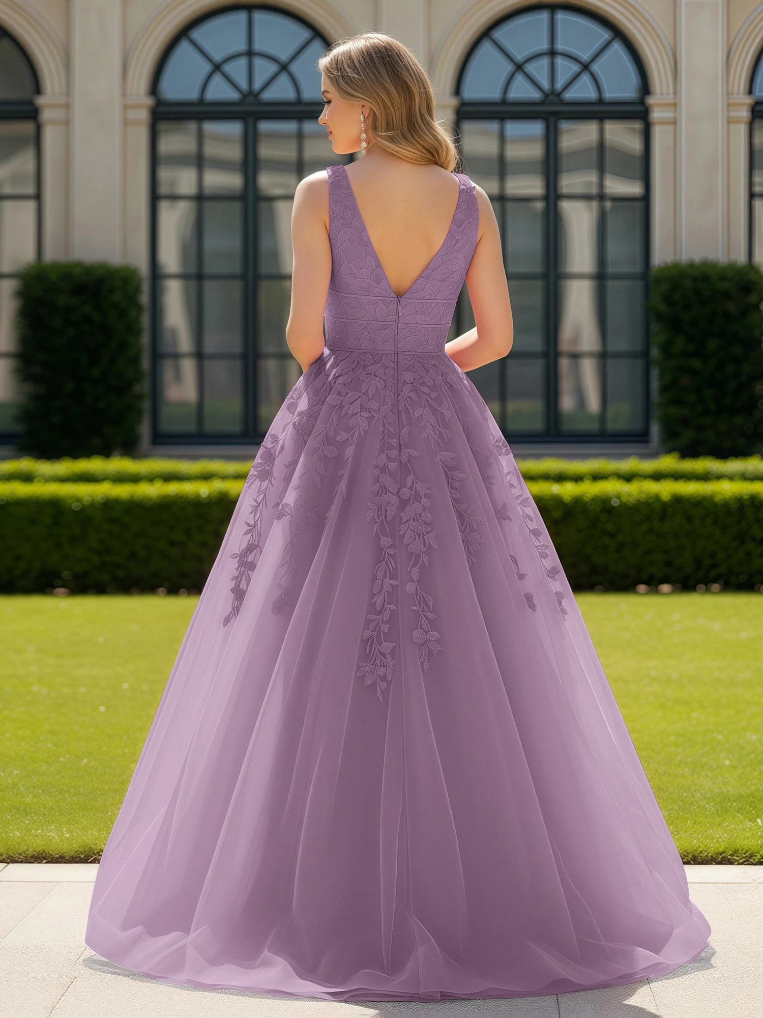 Appliqued Tulle Open Back Plunging V-Neck Prom Dress Wisteria - Image 2