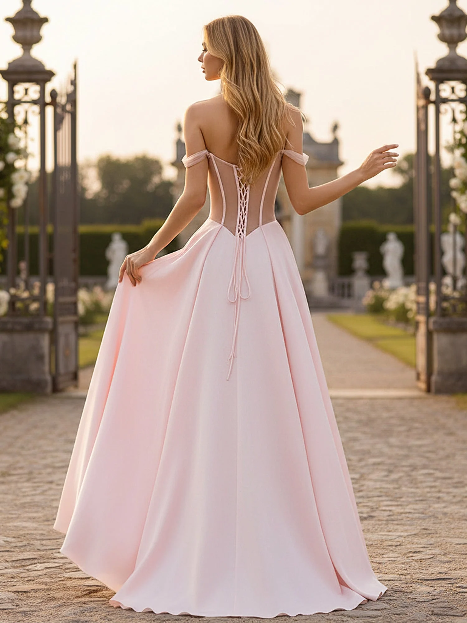 Sheer Panel Sweetheart Neckline Satin Ballgown Daffodil - Image 2
