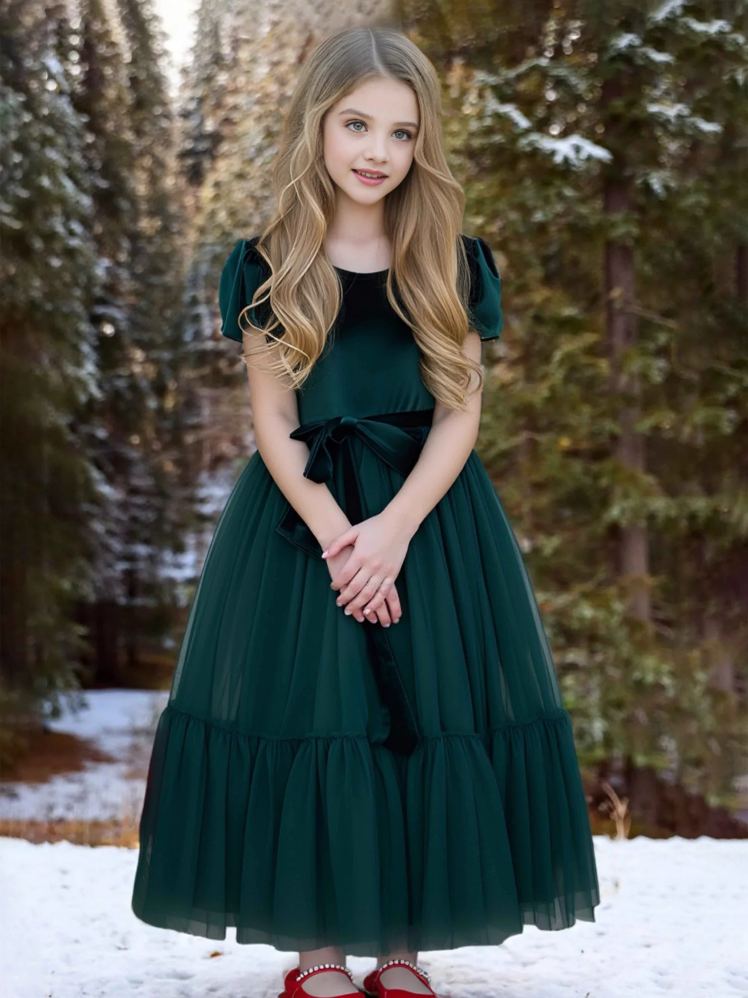 Velvet Bodice Puff Sleeve Tiered Tulle Flower Girl Dress Dark Green