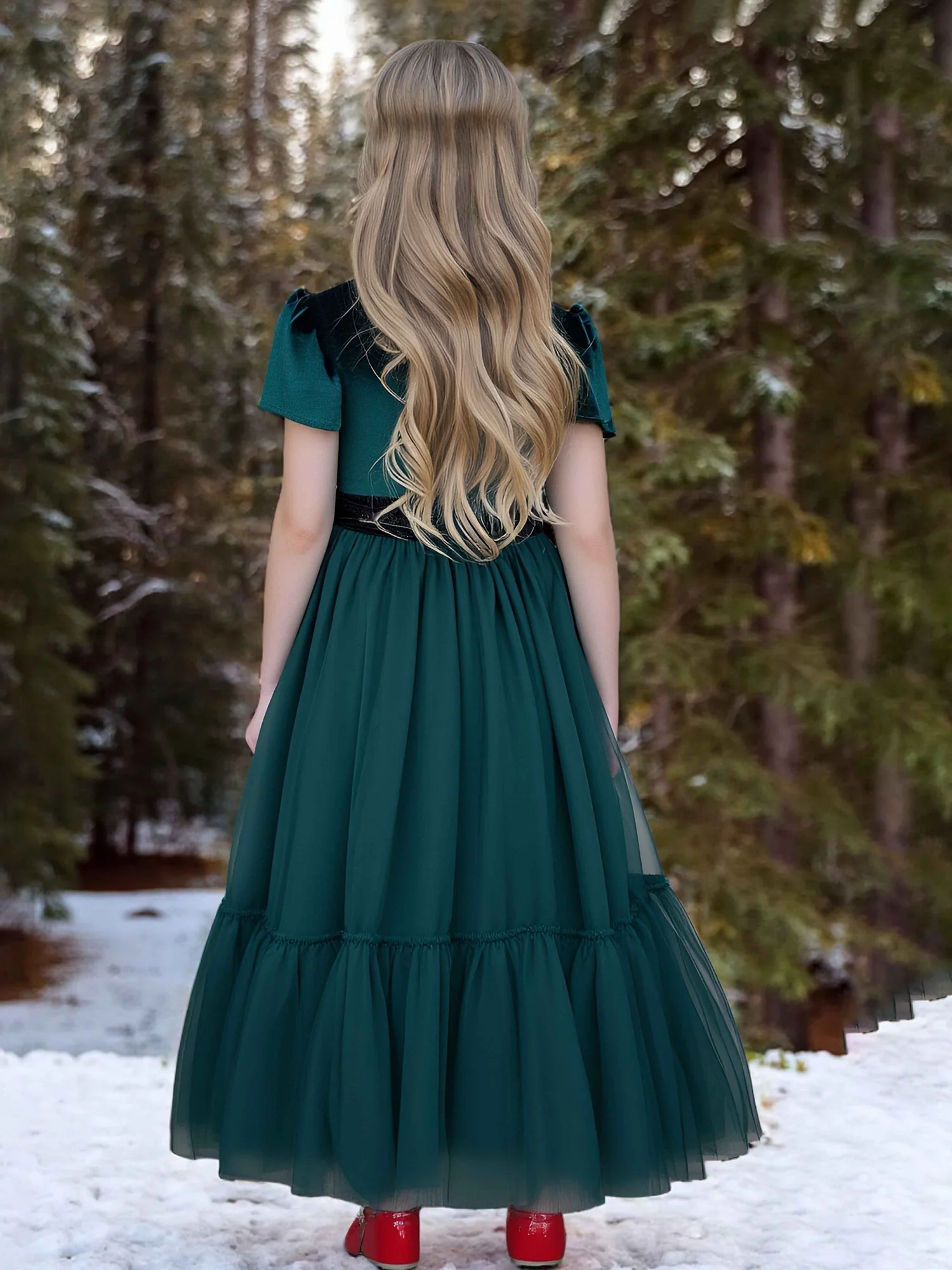 Velvet Bodice Puff Sleeve Tiered Tulle Flower Girl Dress Dark Green - Image 2