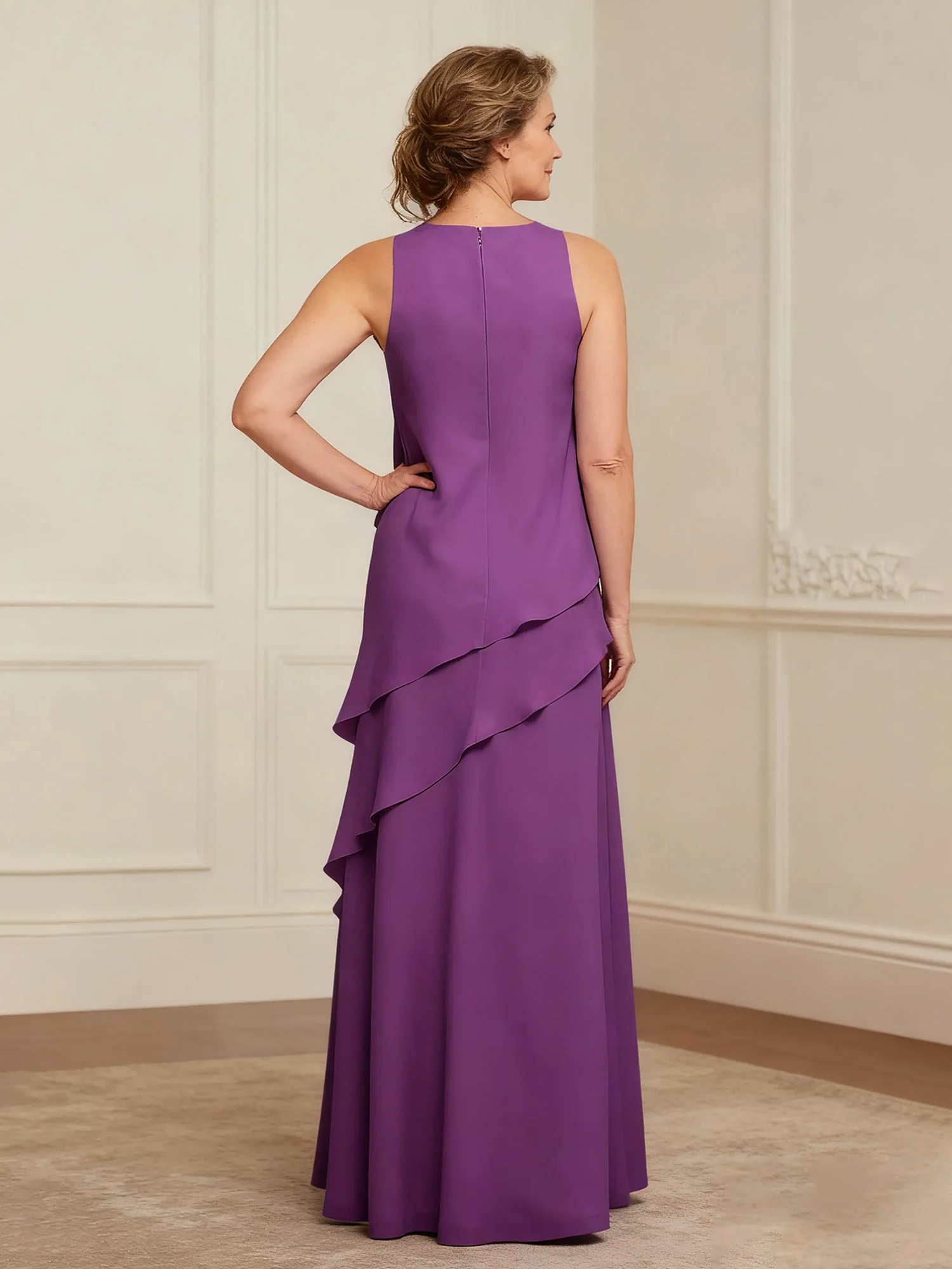Scoop Neck Ruffles A-Line Floor-length Chiffon Dress Ivory - Image 2