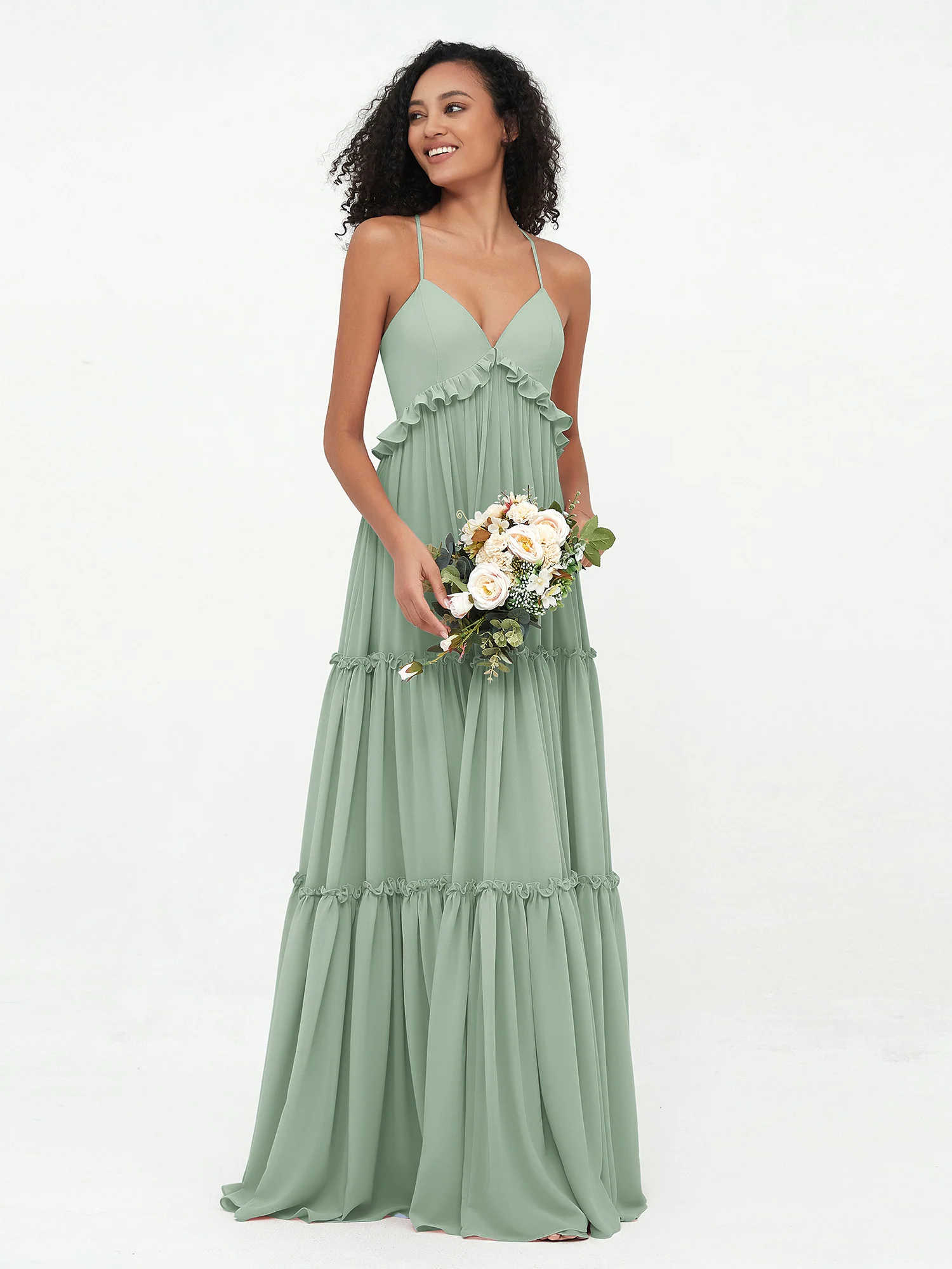 Empire Chiffon Tiered Skirt Max Bohemian Dresses-Agave