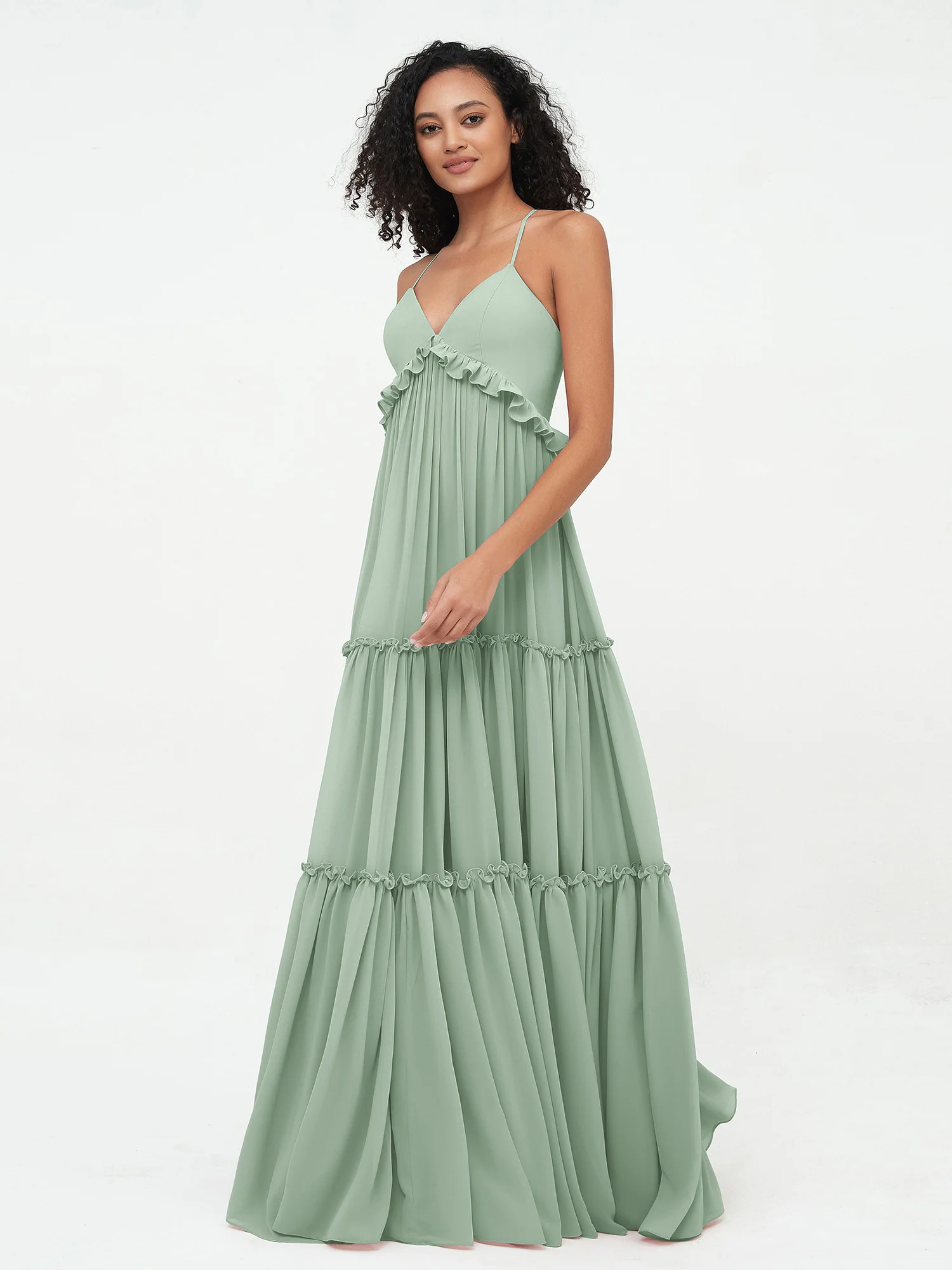 Empire Chiffon Tiered Skirt Max Bohemian Dresses-Agave - Image 3