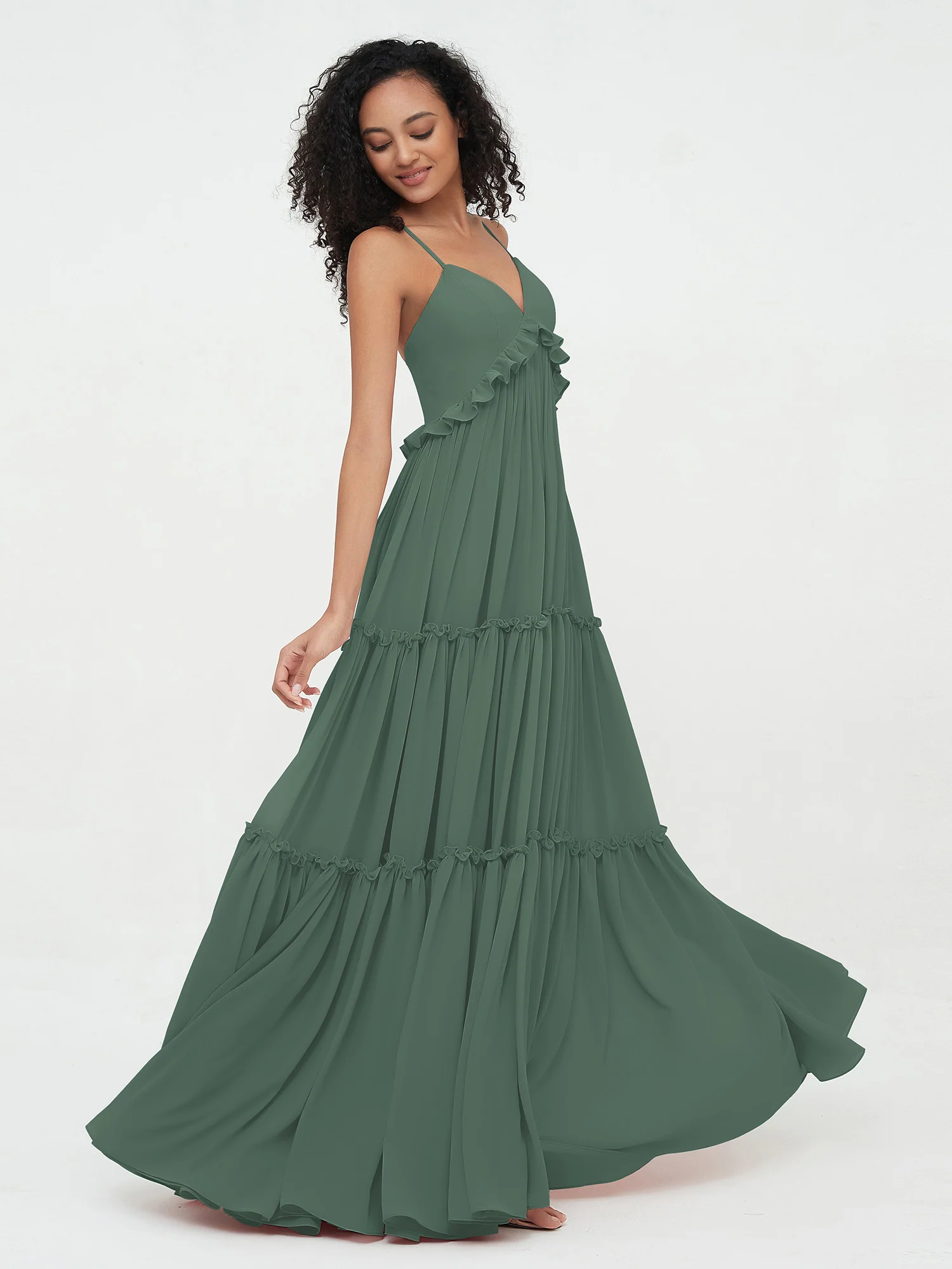 Empire Chiffon Tiered Skirt Max Bohemian Dresses-Eucalyptus - Image 5