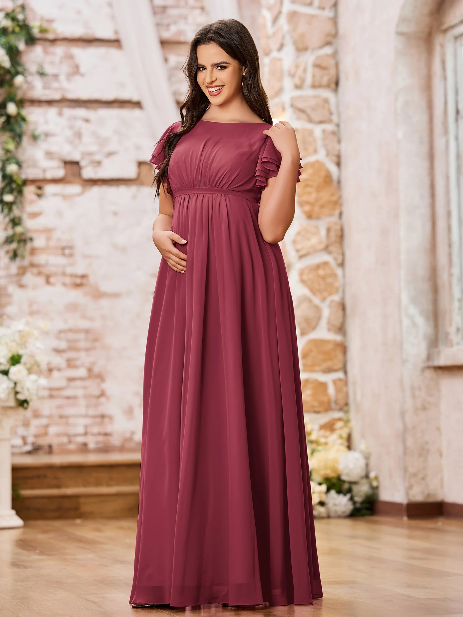 Empire Flutter Sleeves Floor Length Maxi Chiffon Dresses Cinnamon Rose