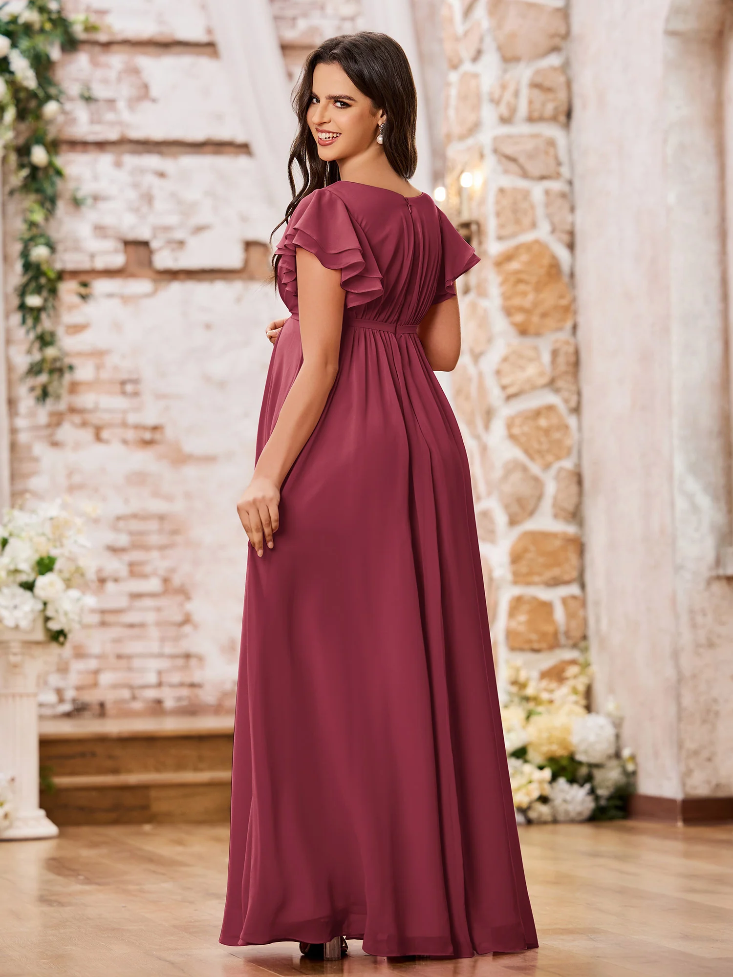 Empire Flutter Sleeves Floor Length Maxi Chiffon Dresses Cinnamon Rose - Image 2