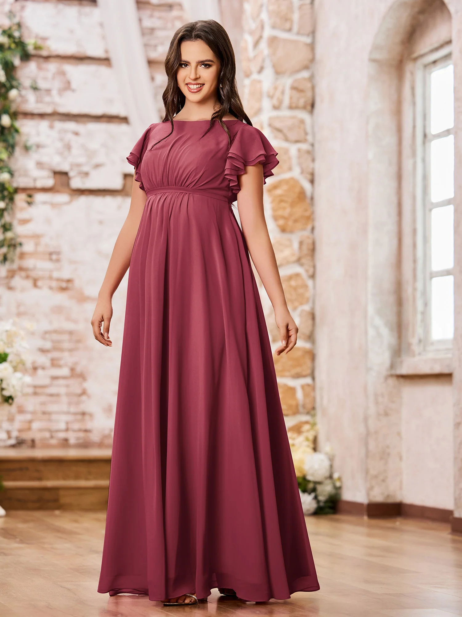 Empire Flutter Sleeves Floor Length Maxi Chiffon Dresses Cinnamon Rose - Image 3