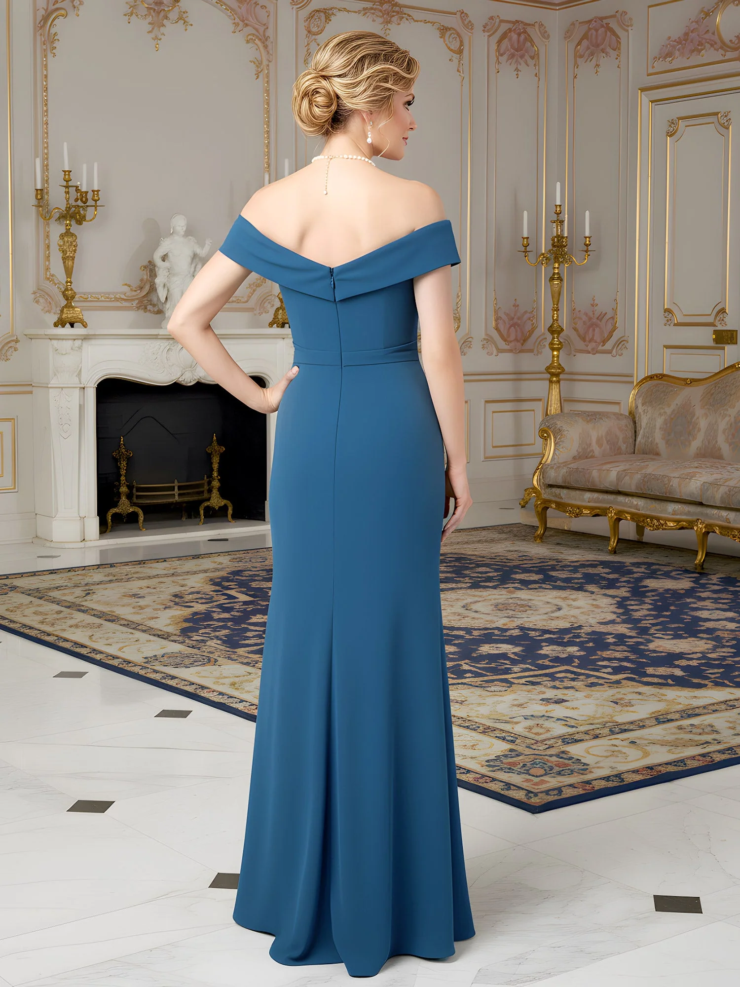 Crepe Formal Dress featuring Waterfall Ruffle Accent Royal Blue - Image 2