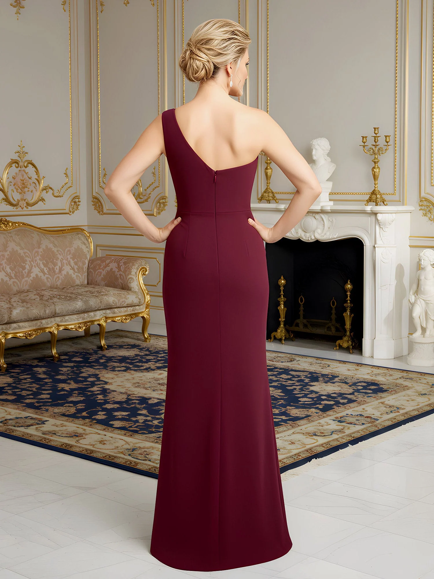 One-Shoulder Column Gown with Ruched Draped Bodice Peacock - Image 2
