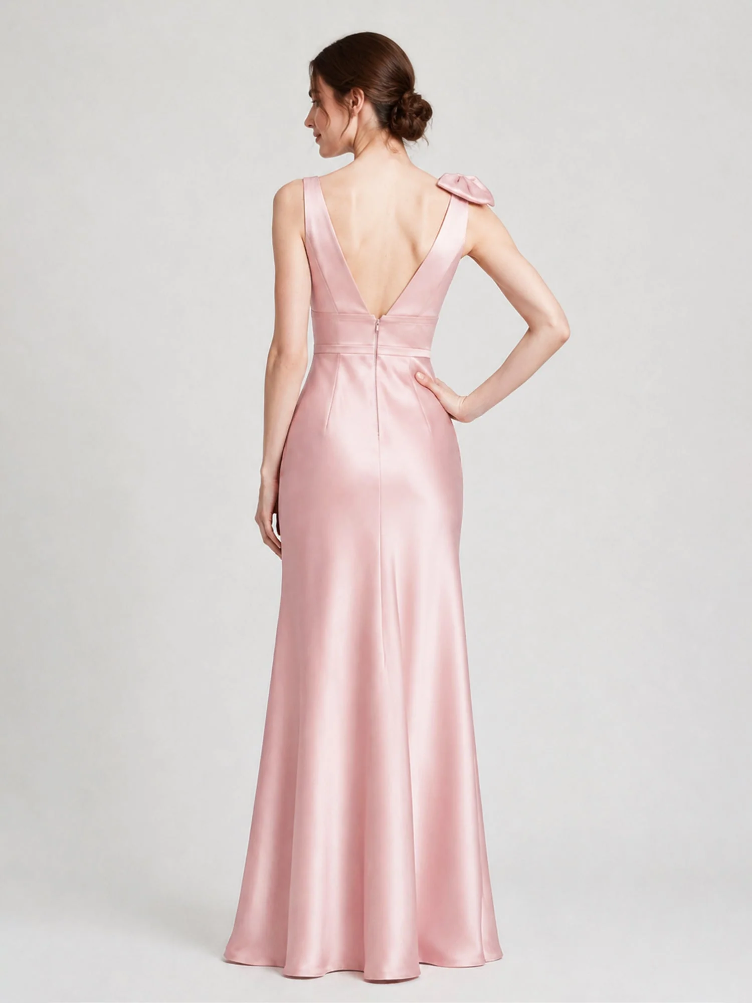 V-Neck Satin Column Gown with Fixed Shoulder Bow Slate Blue - Image 2