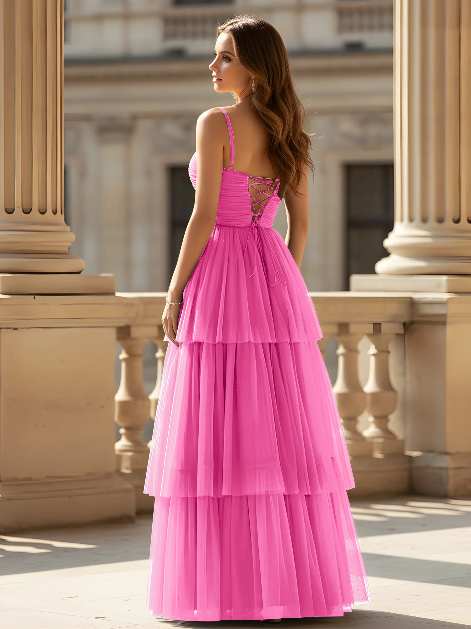 Ruched Bodice Tiered Tulle Gown with High Slit Azalea - Image 2