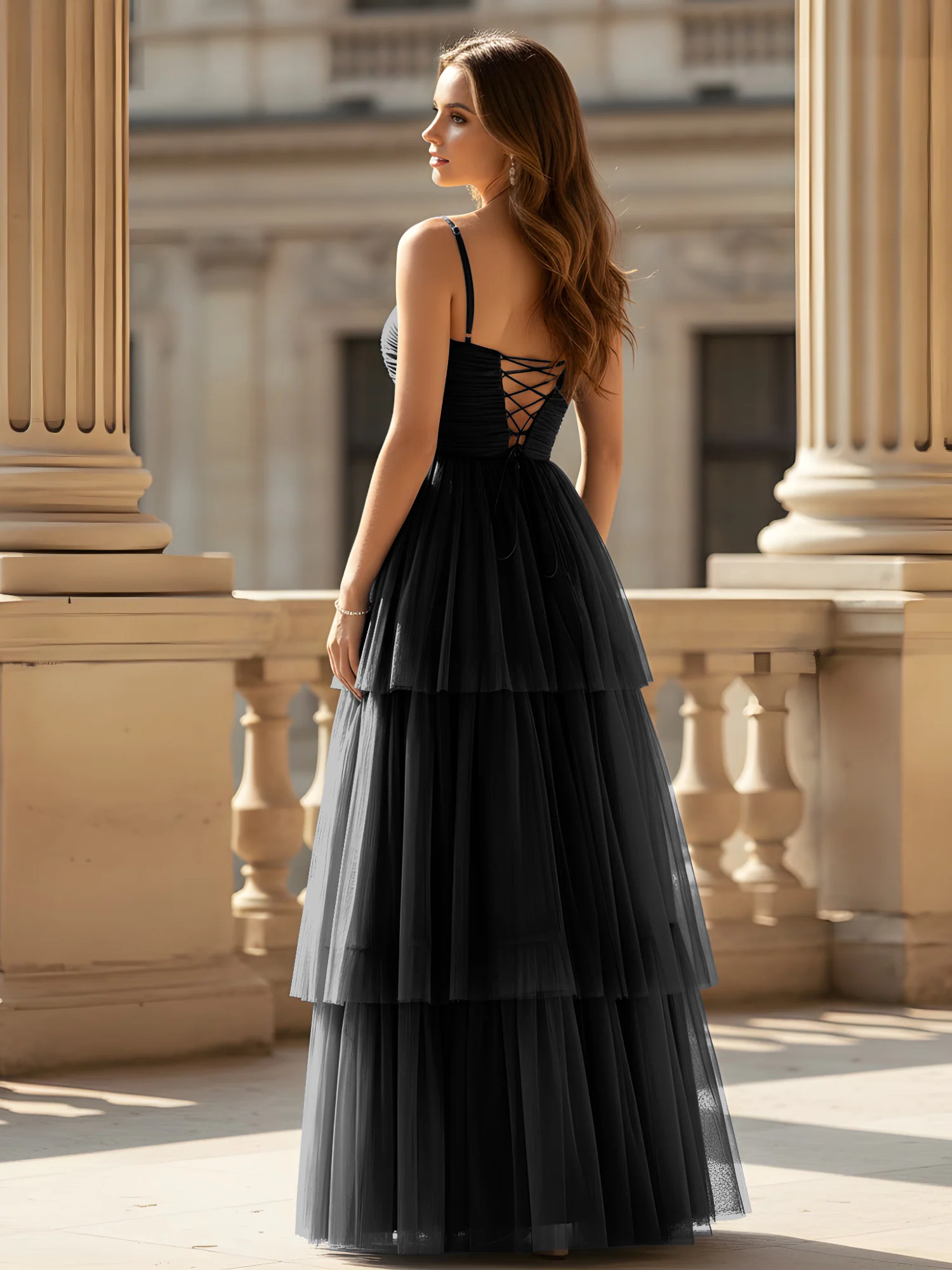 Ruched Bodice Tiered Tulle Gown with High Slit Black - Image 2