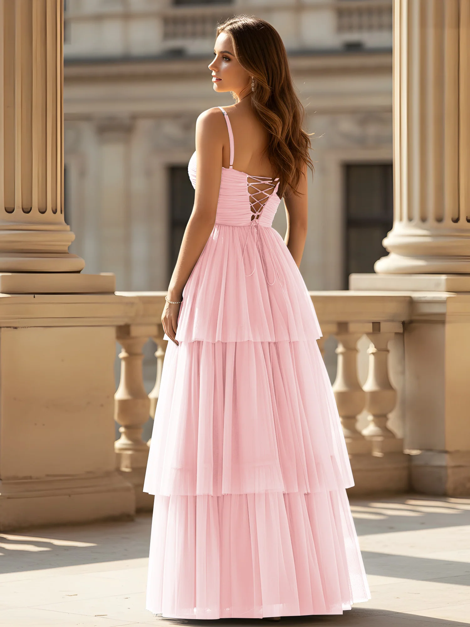 Ruched Bodice Tiered Tulle Gown with High Slit Blushing Pink - Image 2