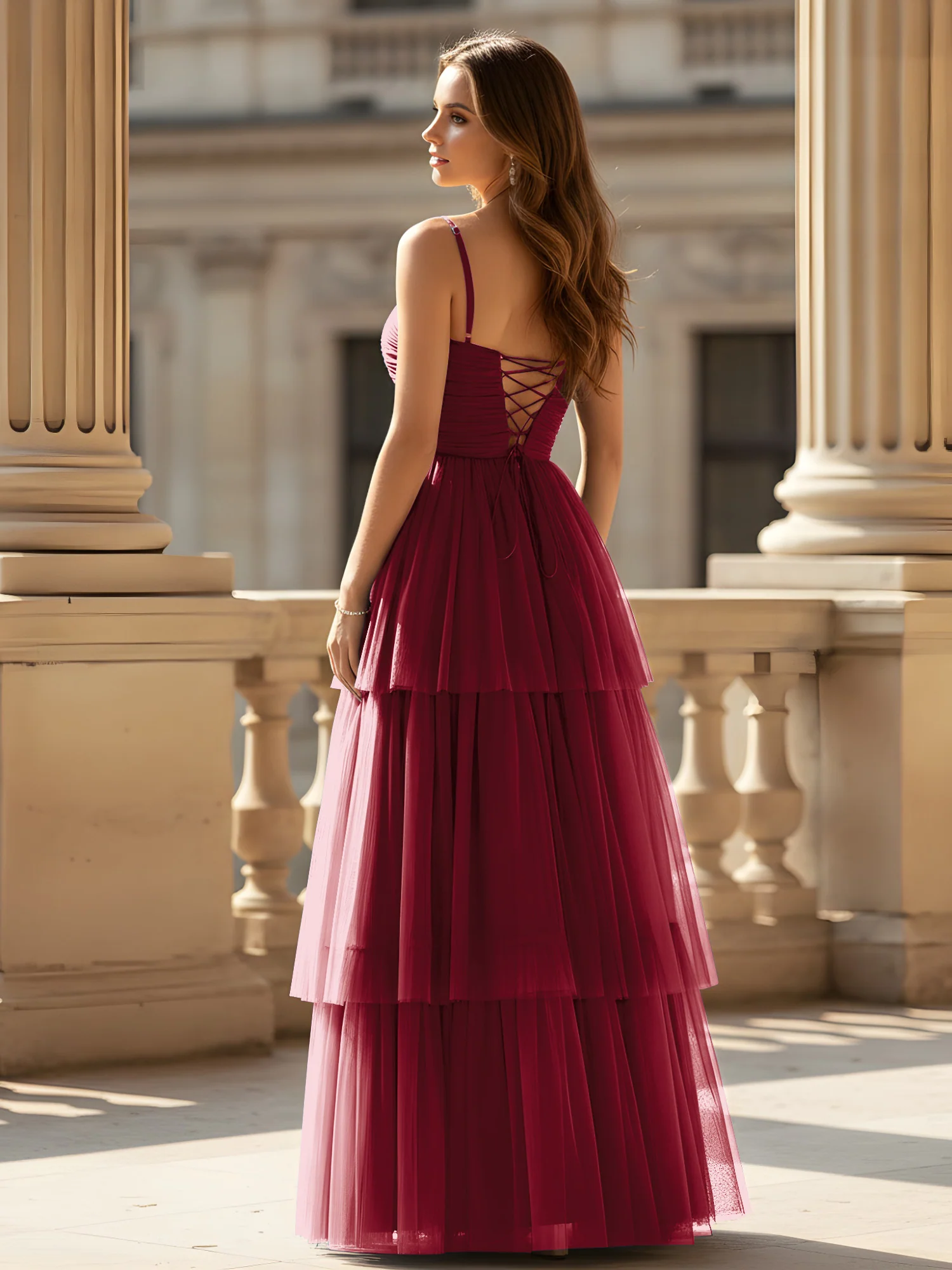 Ruched Bodice Tiered Tulle Gown with High Slit Burgundy - Image 2