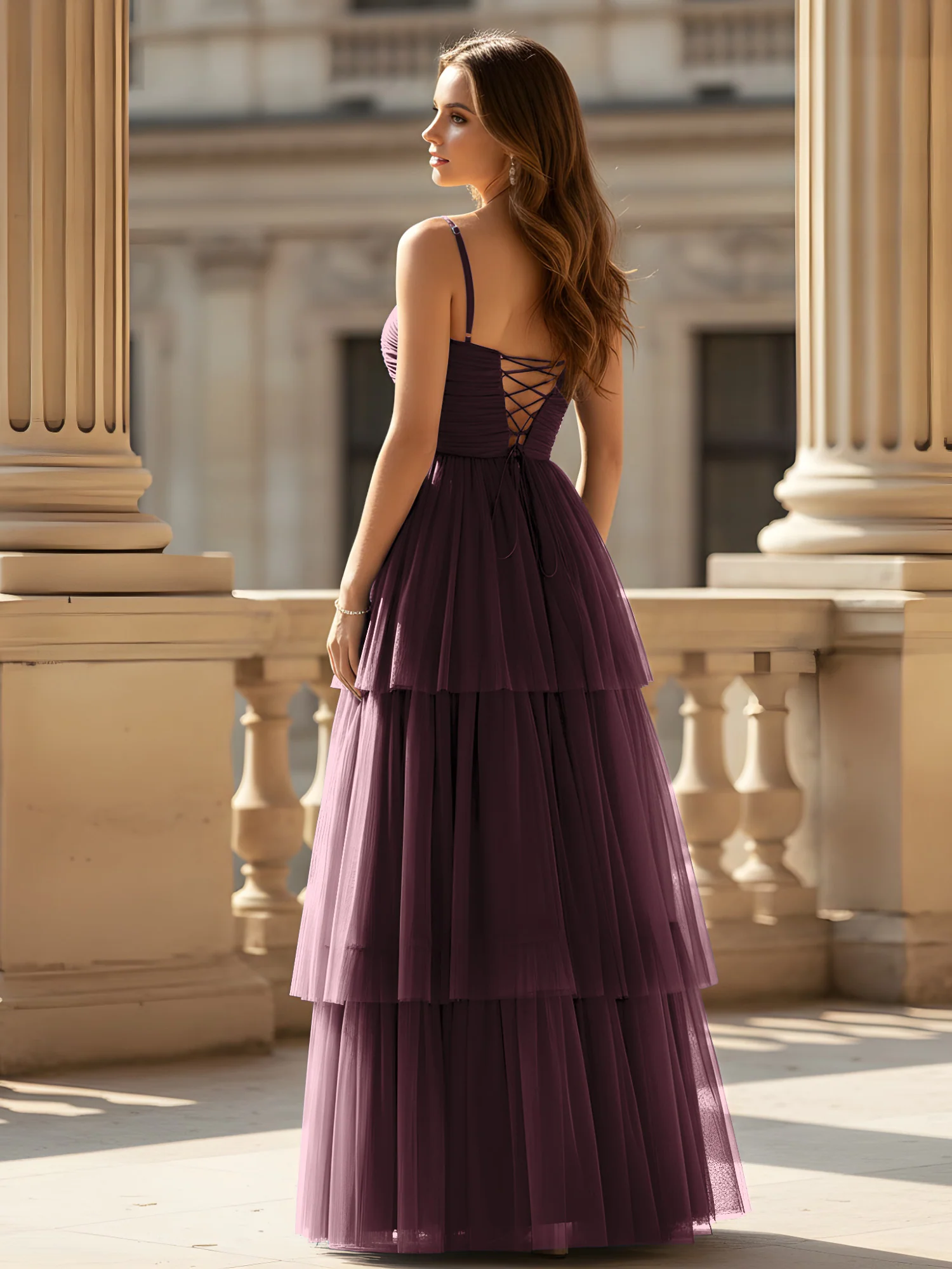 Ruched Bodice Tiered Tulle Gown with High Slit Cabernet - Image 2