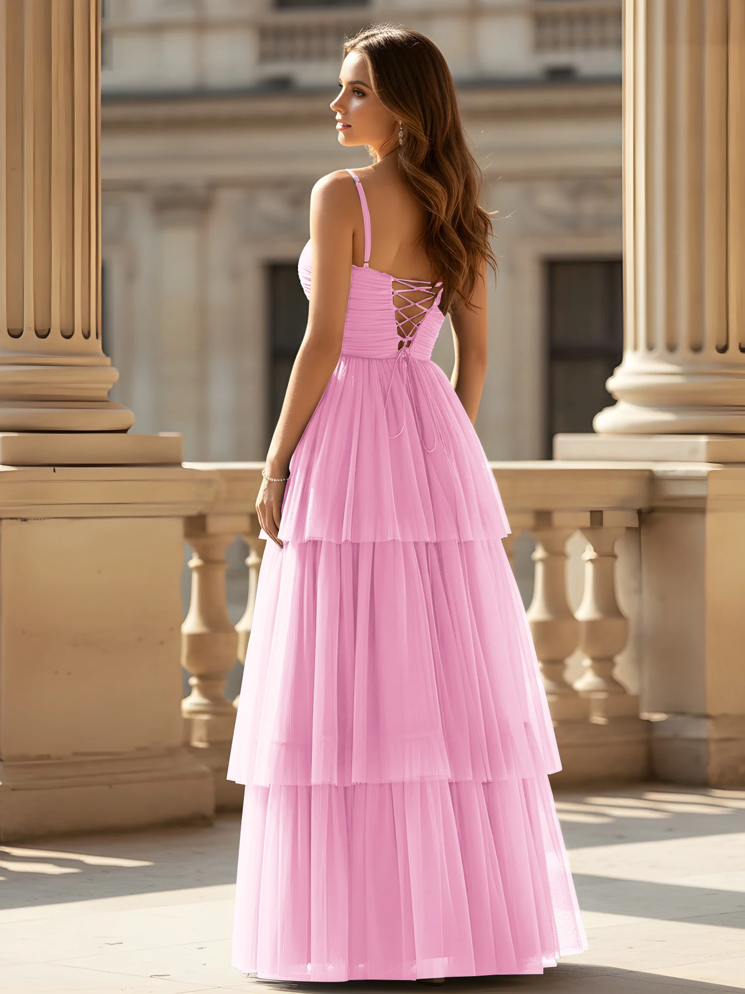 Ruched Bodice Tiered Tulle Gown with High Slit Candy Pink - Image 2