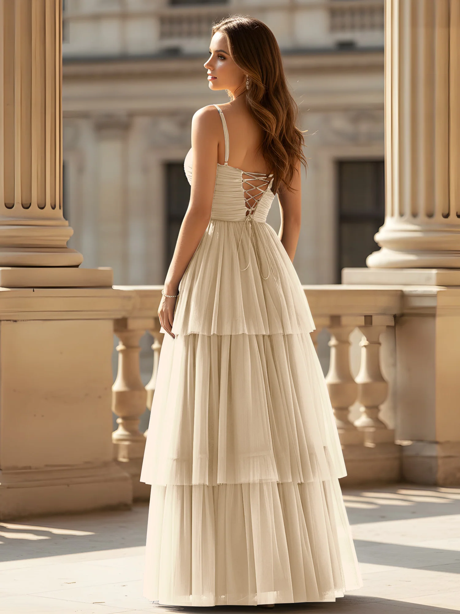Ruched Bodice Tiered Tulle Gown with High Slit Champagne - Image 2