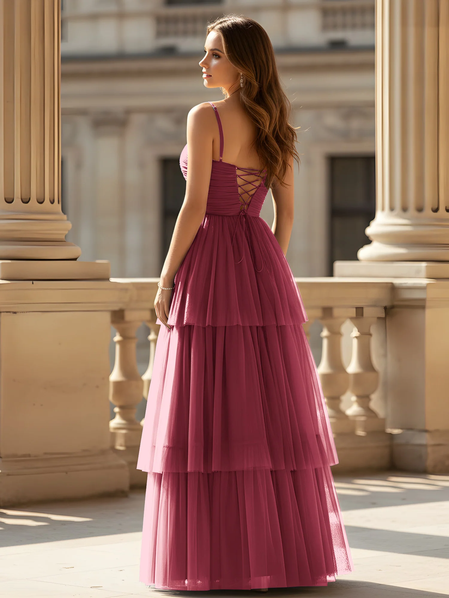 Ruched Bodice Tiered Tulle Gown with High Slit Cinnamon Rose - Image 2