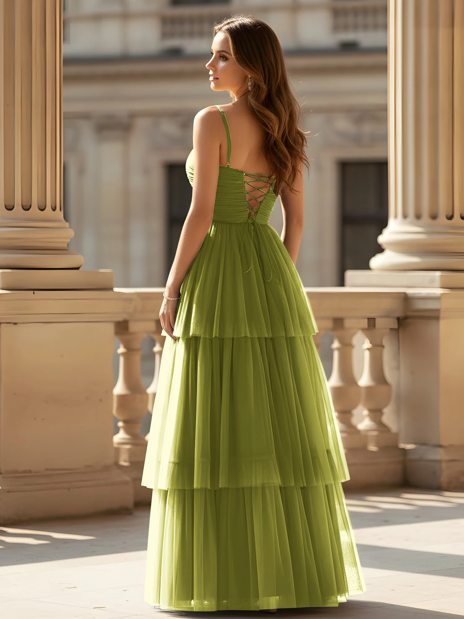 Ruched Bodice Tiered Tulle Gown with High Slit Clover - Image 2