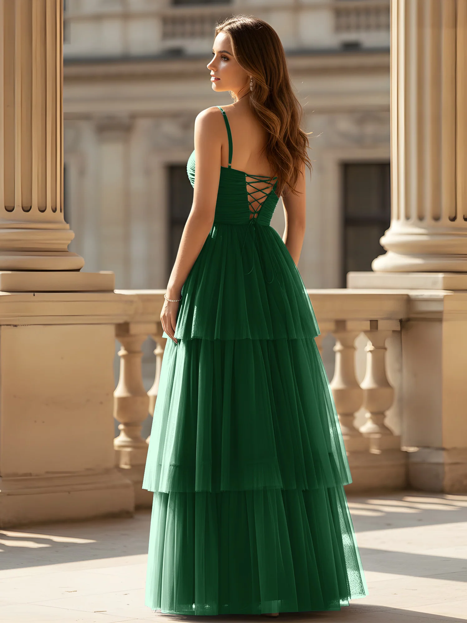 Ruched Bodice Tiered Tulle Gown with High Slit Dark Green - Image 2