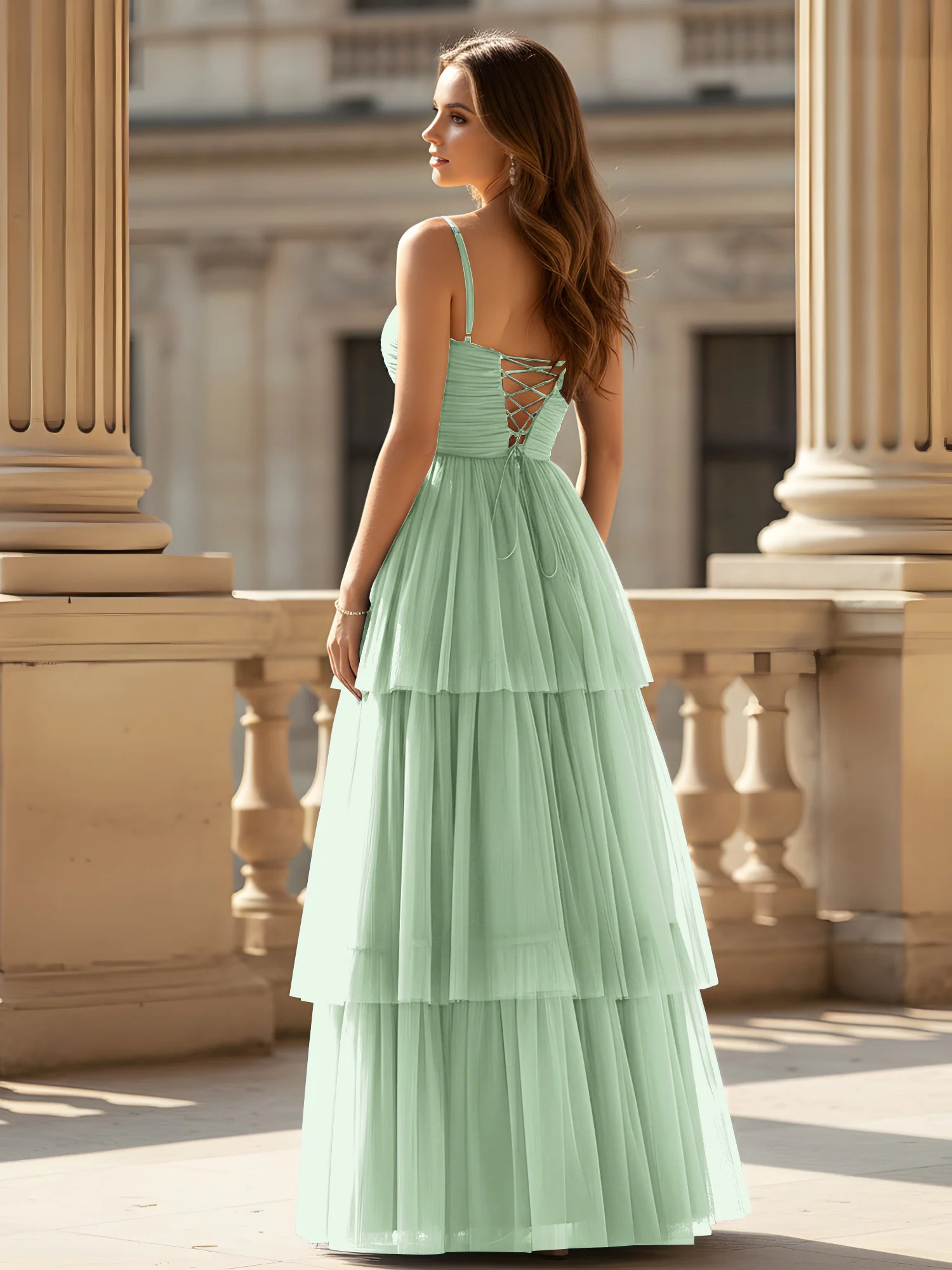Ruched Bodice Tiered Tulle Gown with High Slit Dusty Sage - Image 2