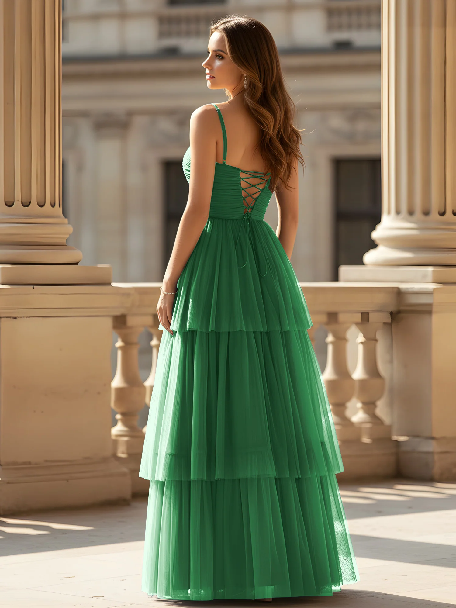 Ruched Bodice Tiered Tulle Gown with High Slit Emerald - Image 2