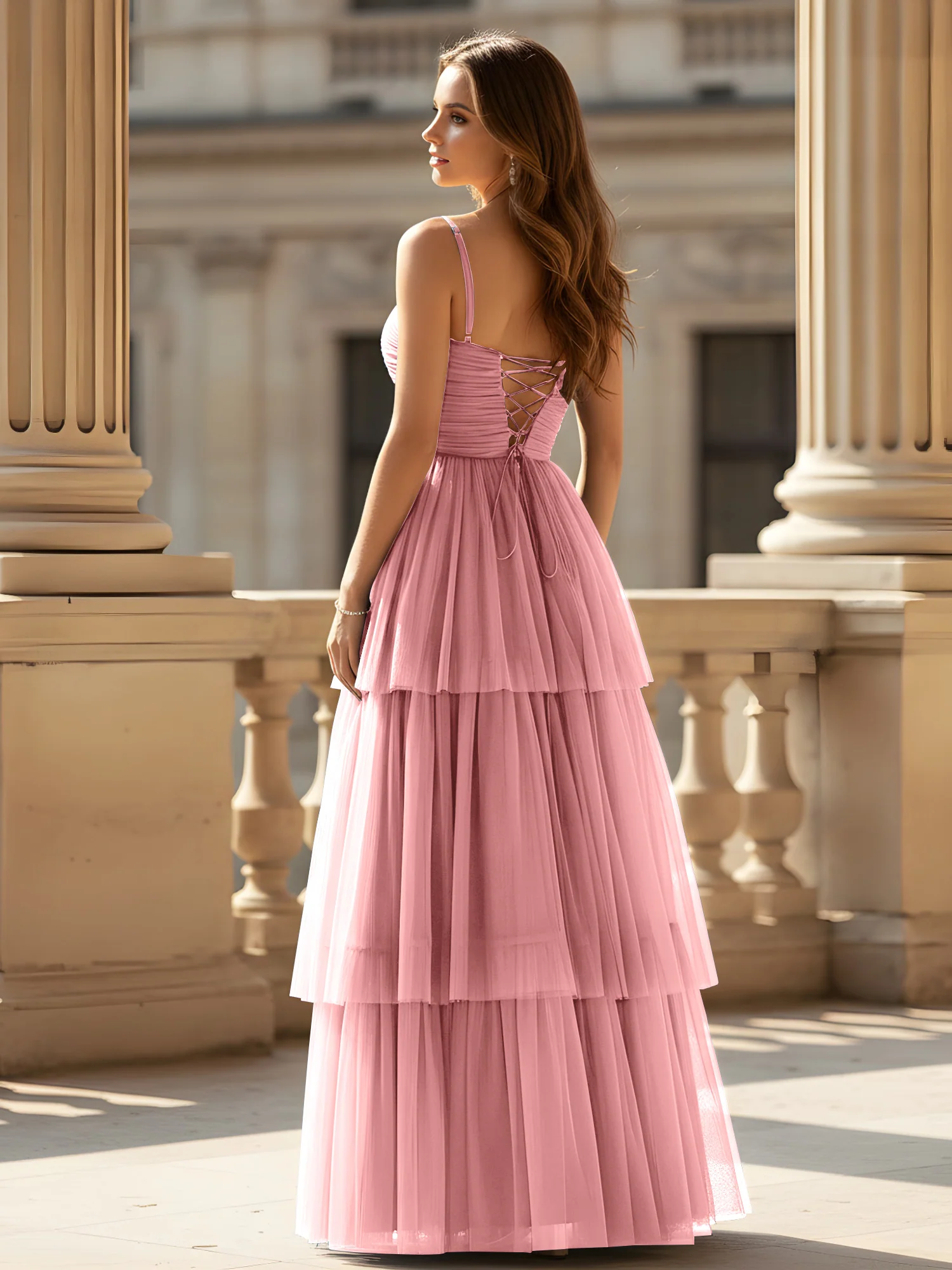 Ruched Bodice Tiered Tulle Gown with High Slit Flamingo - Image 2