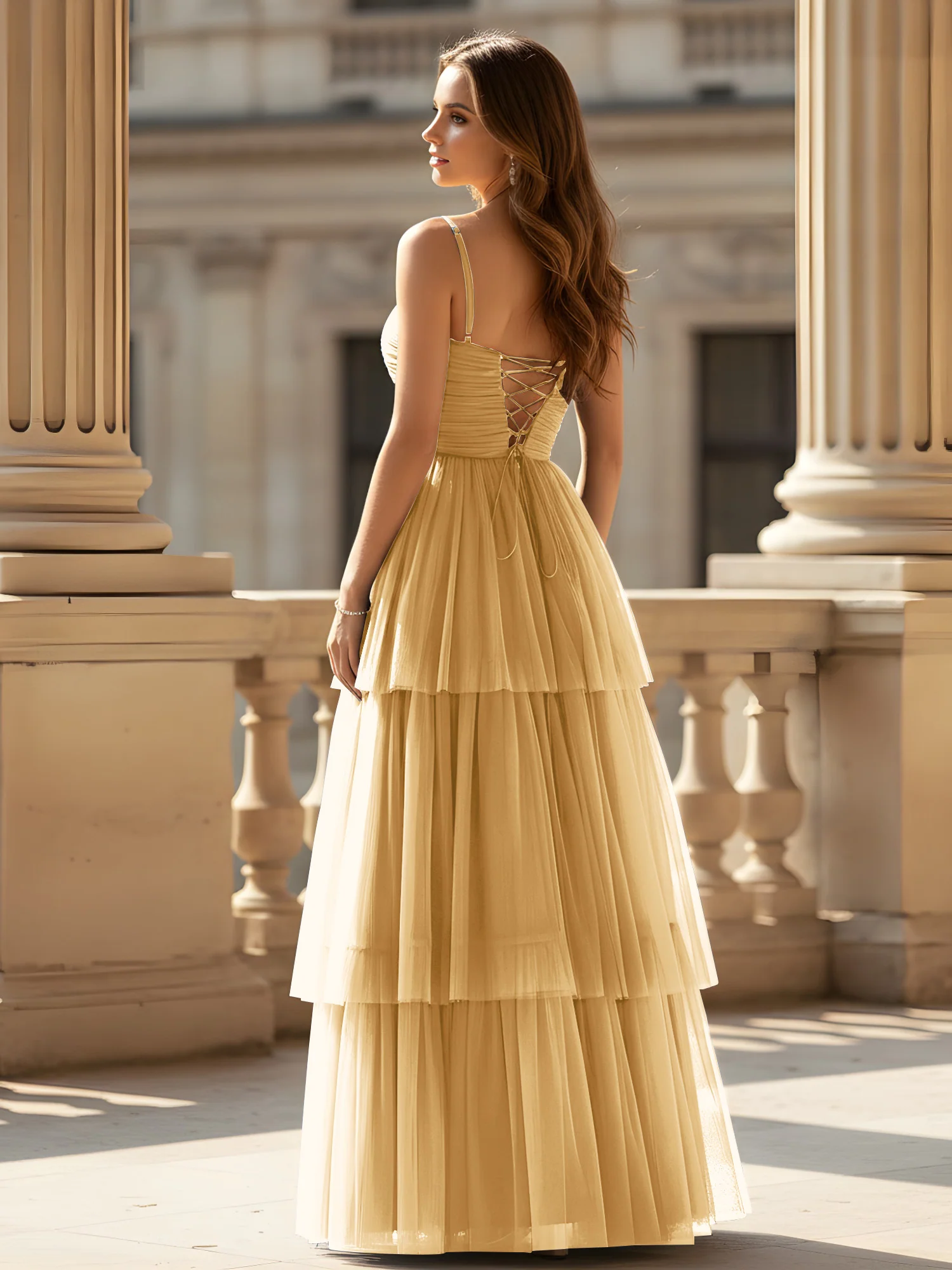 Ruched Bodice Tiered Tulle Gown with High Slit Gold - Image 2
