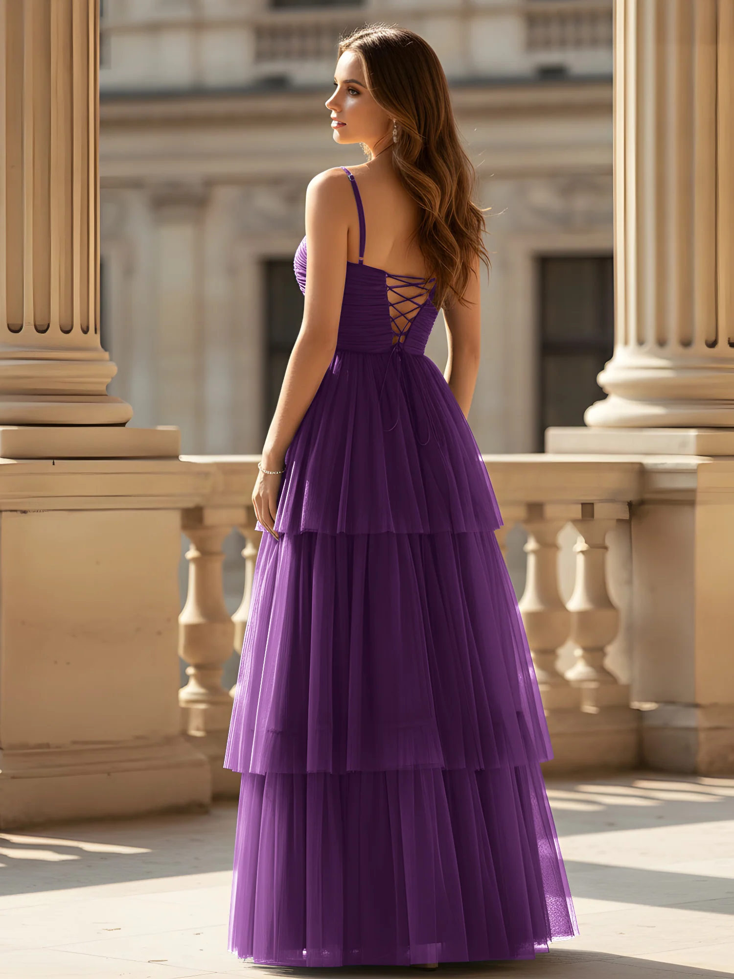 Ruched Bodice Tiered Tulle Gown with High Slit Grape - Image 2