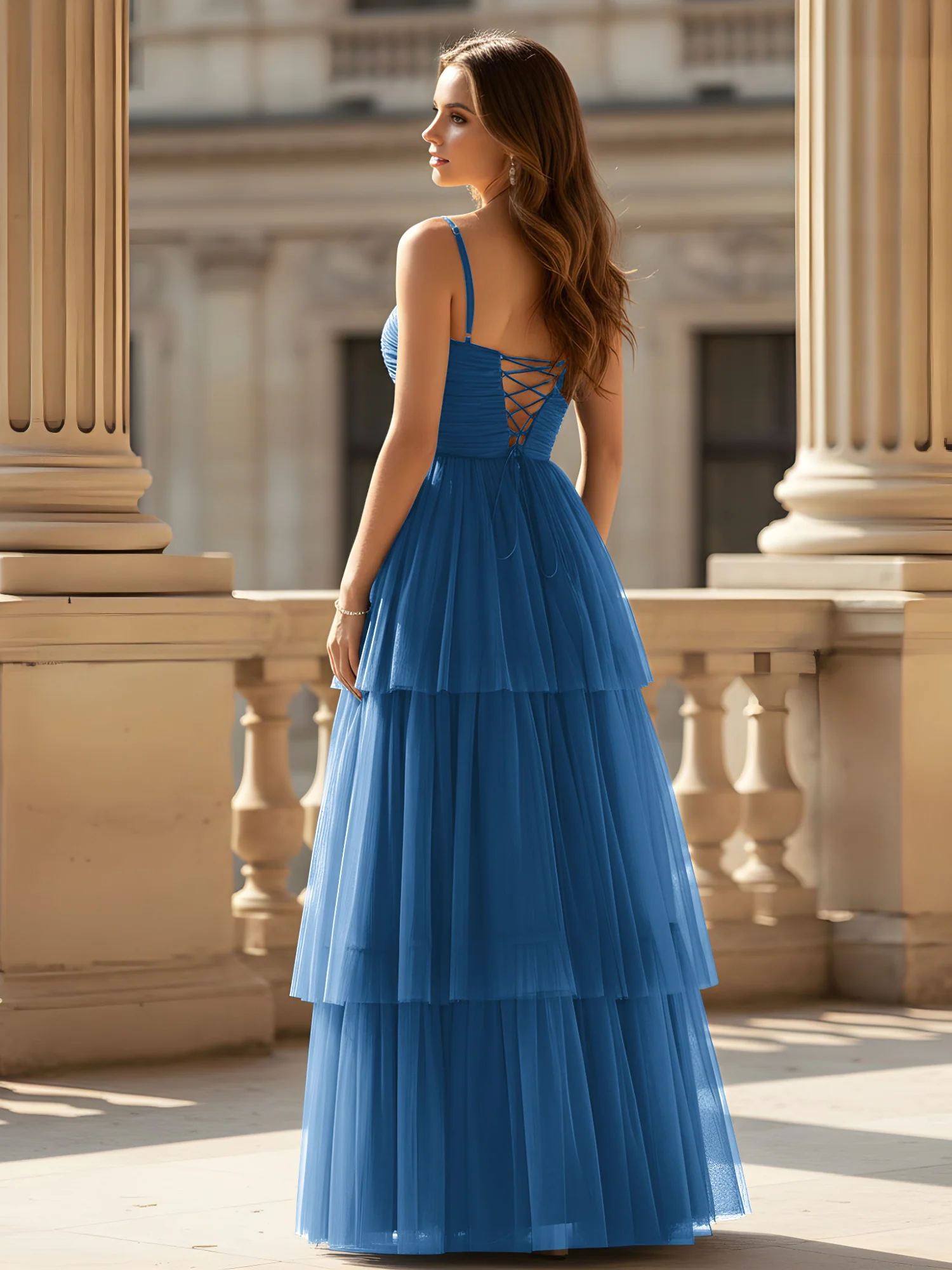 Ruched Bodice Tiered Tulle Gown with High Slit Ink Blue - Image 2