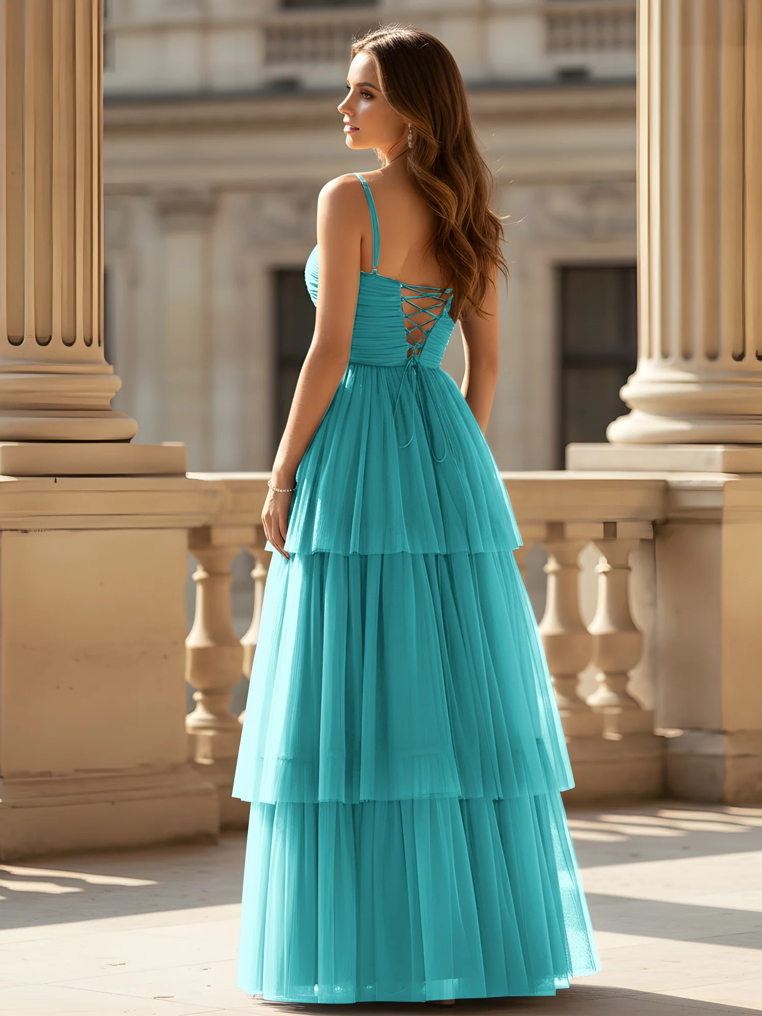 Ruched Bodice Tiered Tulle Gown with High Slit Jade - Image 2
