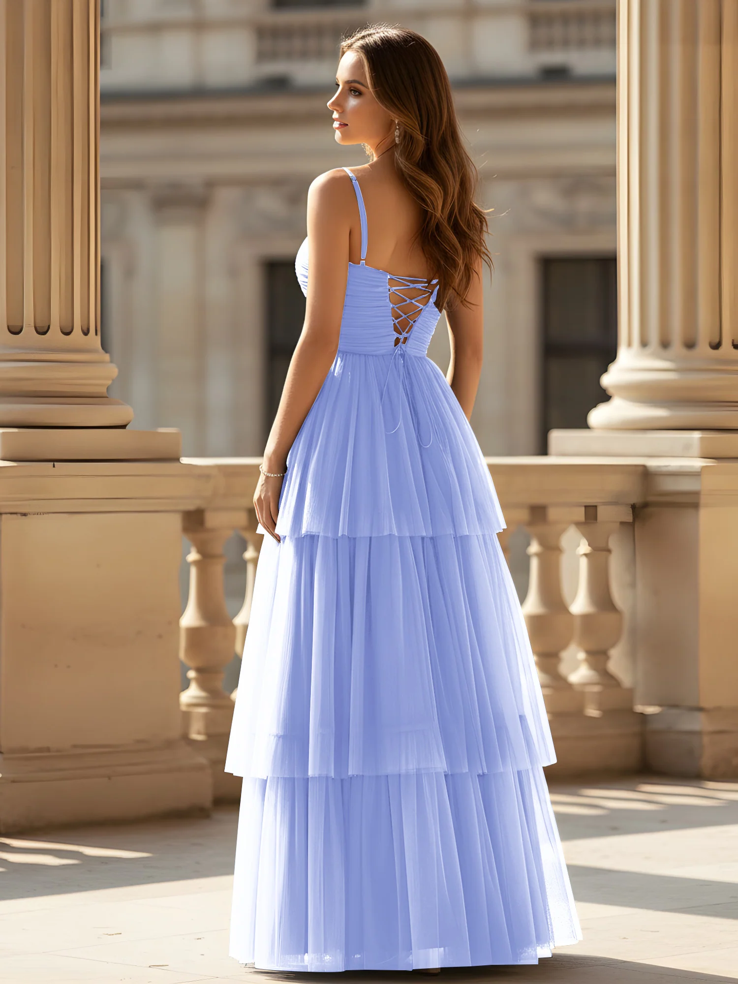 Ruched Bodice Tiered Tulle Gown with High Slit Lavender - Image 2