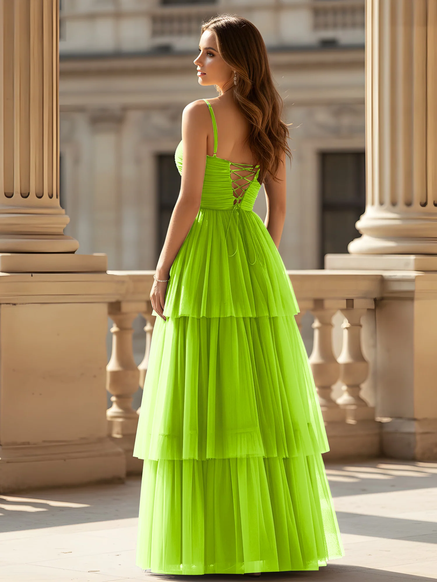 Ruched Bodice Tiered Tulle Gown with High Slit Lime Green - Image 2