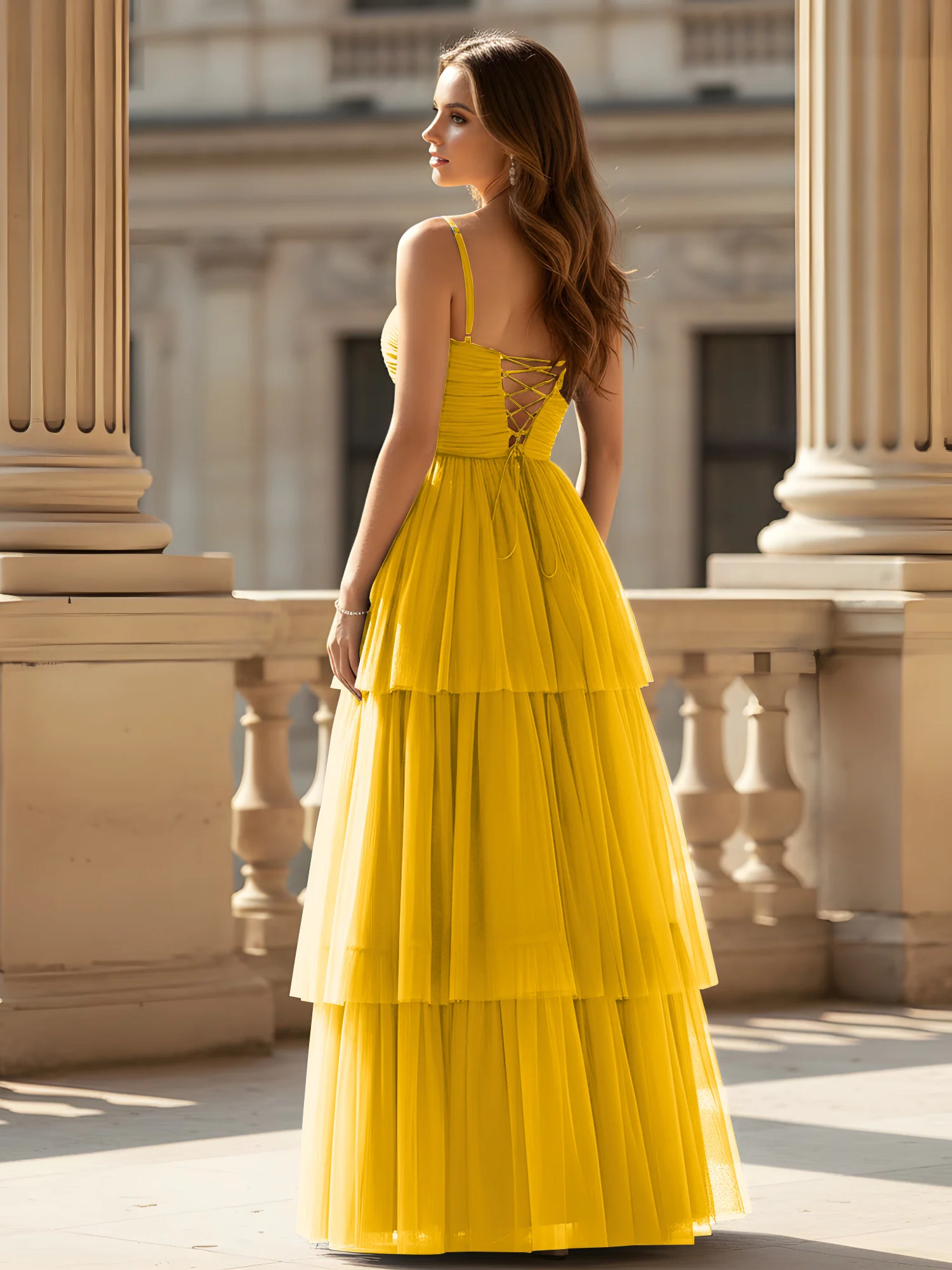 Ruched Bodice Tiered Tulle Gown with High Slit Marigold - Image 2
