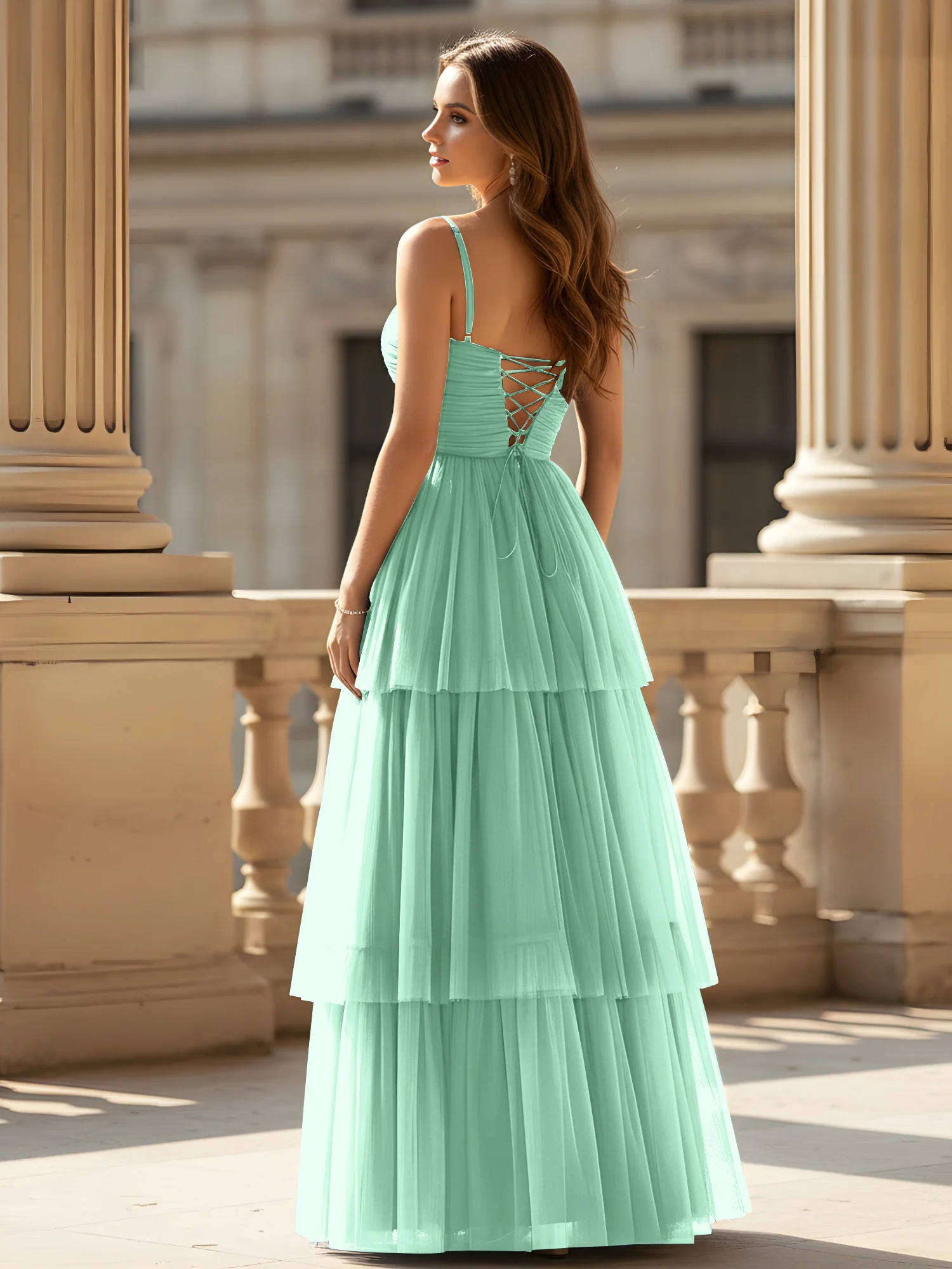 Ruched Bodice Tiered Tulle Gown with High Slit Mint Green - Image 2